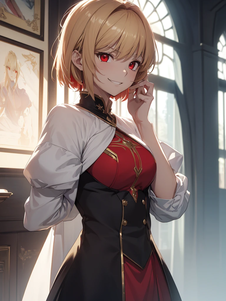 ((​masterpiece、top-quality、hight resolution、Unity 8k、extremely details CG:1,Best Picture), arcueid brunestud, blonde hair, (red eyes:1.5), short hair, ahoge,  "A lackey with a crooked grin, bowing slightly as she says, 'Heh heh heh, what should I do, boss?' her expression is submissive and sycophantic, with a nervous, almost groveling smile. She tries to appear helpful but is clearly looking to avoid trouble. The scene captures the lackey's attempt to win favor by acting overly obedient, while his smile is untrustworthy and weak."