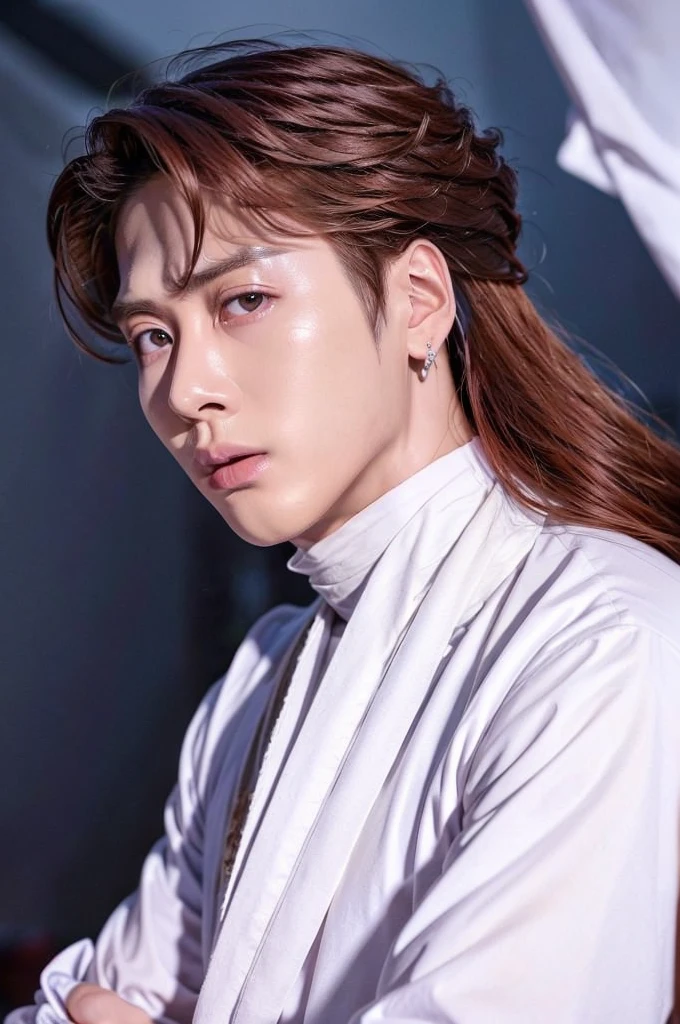 Xiao Zhan,Close-up of a man with long hair and white period costume, Xiao Zhan,Big handsome guy,Invincible big handsome guy,Unparalleled beauty,The eyes are very beautiful and pure,It's like a god descending from a mortal