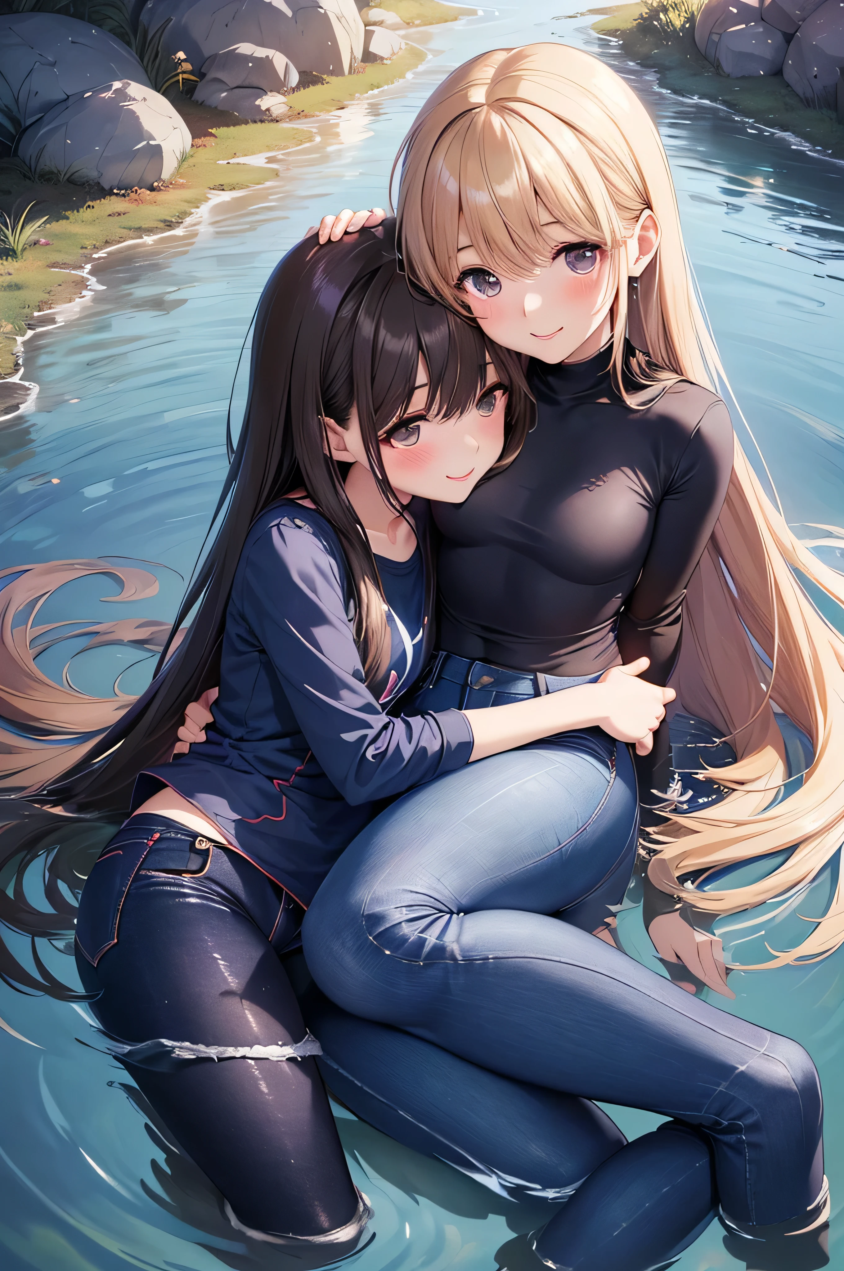 masterpiece, best quality, ultra-detailed illustration，beautiful artwork，(Extreme Detail CG Unity 8K wallpaper、​masterpiece、top-quality)、(exquisite lighting and shadow、highly dramatic picture、cinematic lens effects)、two anime girls hugging each other on the beach with sun in the background, multiple girls, outdoors, 2girls, hood, dark brown eyes, looking at viewer, day, braid, sitting, (black hair), bangs, shiny, blush, closed mouth, beach, long sleeves, ocean, shiny hair, hoodie, long hair, sky, water, thighs, cloud，(dark blue school swimsuit)，