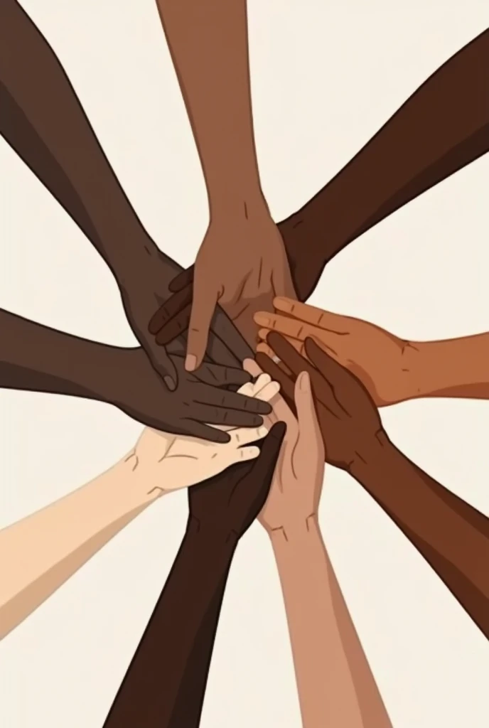 A serene illustration in Ghibli style featuring a circle of hands placed on top of each other, representing people from diverse ethnic and cultural backgrounds. The focus is on the unity and oneness of the group, with a soft pastel color palette and gentle lighting. The scene is set against a warm background with negative space for text, symbolizing racial equality, teamwork, and cooperation.
