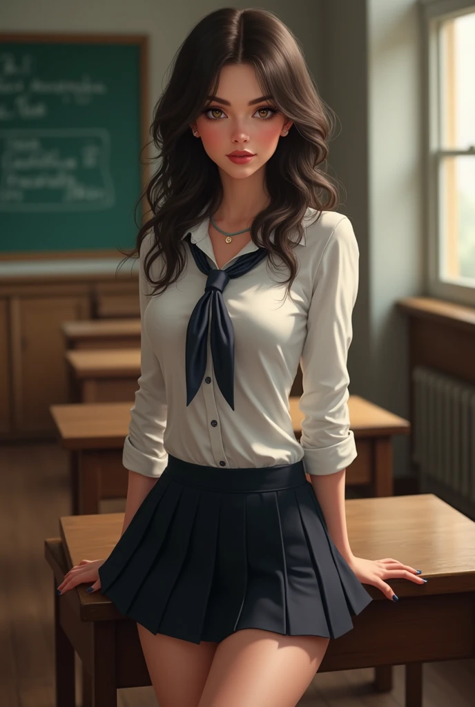 (GeGe:1.8), brunette, brown eyes, woman, (freckles:1.5), 35-year-old woman, ((in the classroom)), ((school uniform)), RAW photo, (photorealistic: 1.37, realistic), highly detailed unified CG 8K wallpapers, 1girl, (((perfect body: 1.1)), (medium breasts: 1.2), looking at the viewer, (((straight from the front)))), (HQ skin:1.2, shiny skin), 8k uhd, dslr, soft lighting, high quality, film grain, Fujifilm XT3, ((full body: 0.8)), (professional lighting:1.4) ,