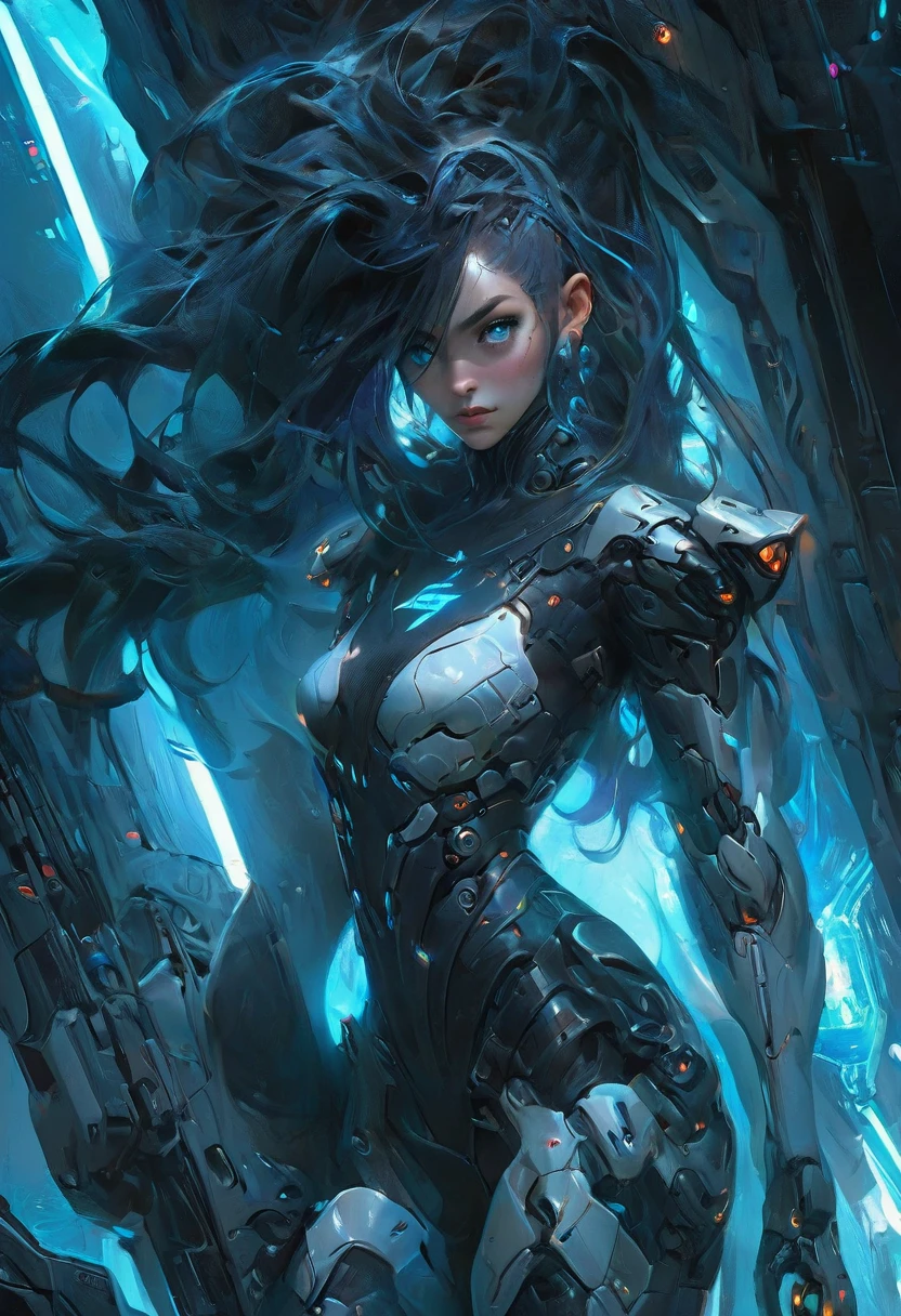 A woman wearing exoskeleton cyber armor, The armor fits snugly、((She has a plasma gun in her hand)), Full body photo, Maximum details, Superior quality through precise drawings, 8k,chest, blue eyes,  High resolution, 超High resolution, Best Quality, Shortcuts, Big chest, Cinematic Lighting Effects, Futuristic beautiful black hair woman, Shining blue eyes, Cyberpunk style woman, ((High tech spaceship interior with blue light illumination)), High-quality images、Black Hair, Shortcuts, Bob Hair, Very short hair, Cinematic light effects, Reflected Light, Futuristic, Punk style woman, 