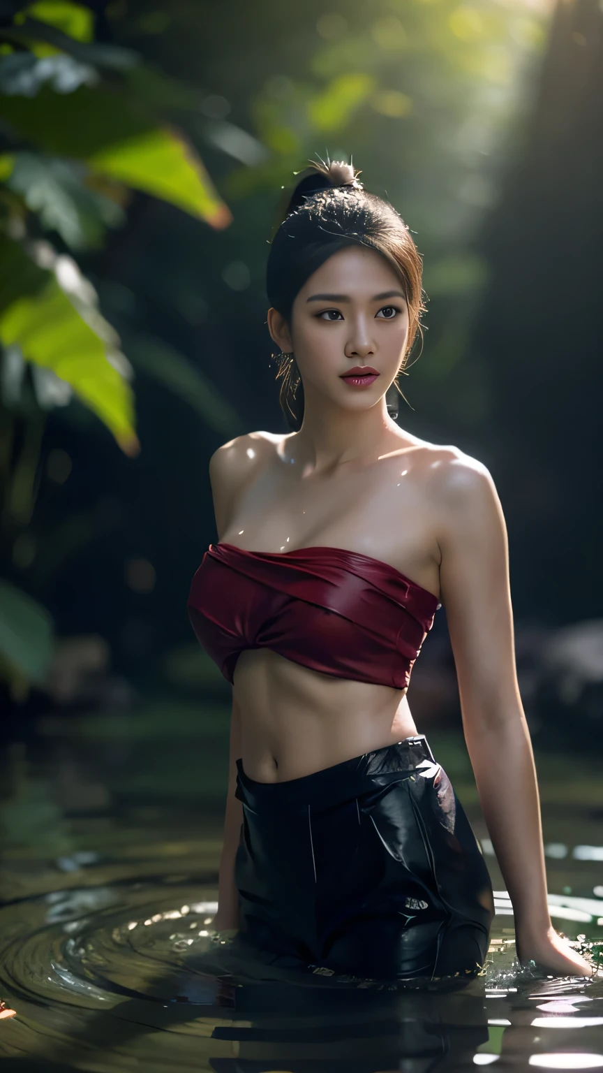 beautiful girl ,Thai Female Warrior, bathing in a swiming pool at the forest, dynamic poses, Red and black strapless shirt, Long ponytail,black eyes,abdominal muscles,plumpy body, rounded breast, (big breast:1.3), cleavage, Morning sunshine,Eyes on the audience,rain,((face details)),Double eyelids, reeds, (backlighting), realistic, masterpiece, highest quality, lens flare, shade, bloom, [[chromatic aberration]], by Jeremy Lipking, by Antonio J. Manzanedo, digital painting, HDR, high contrast

