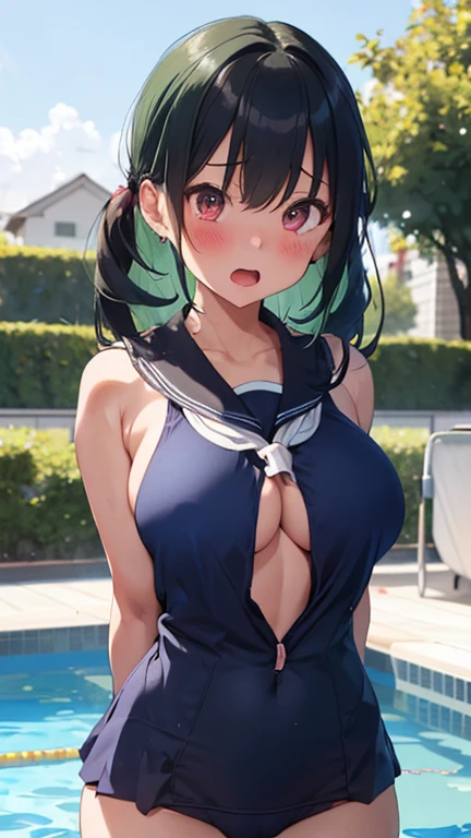 mastute piece,Best Quality,insanely detailed,8k cg,nsfw,
(shoot upper body:1.3),
(1girls:1.3),standing,looking at viewr,body in front,both arms behind back,(school swimsuit),(bare nipples)
break,
blush,shy,(ecstasy face),(trembling:1.2),break,(light green hair),
break,
perfect breasts,perfect teats,(open mouth:0.9),(large breasts:1.3),
(poolsaid)、