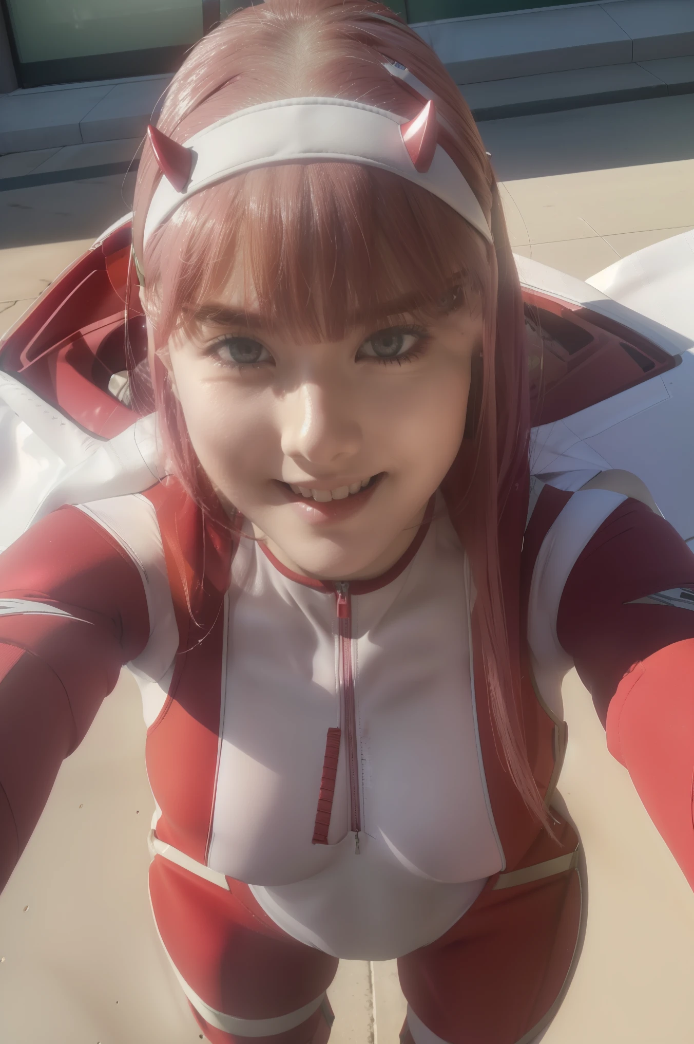 ((best quality)),((highly detailed)),masterpiece,absurdres,detailed face,beautiful face,((detailed eyes, deep eyes)),(1girl),((dynamic pose)),   Zero_Two, green eyes, 1girl, solo, red bodysuit, long hair, pilot suit, pink hair, bodysuit, straight hair, hairband, standing, horns, breasts, bangs, closed mouth, looking at viewer, medium breasts, white hairband, skin tight, blunt bangs, makeup, eyeshadow, very long hair, sidelocks, expressionless, hair between eyes, red horns, shiny hair, towards the viewer, smile