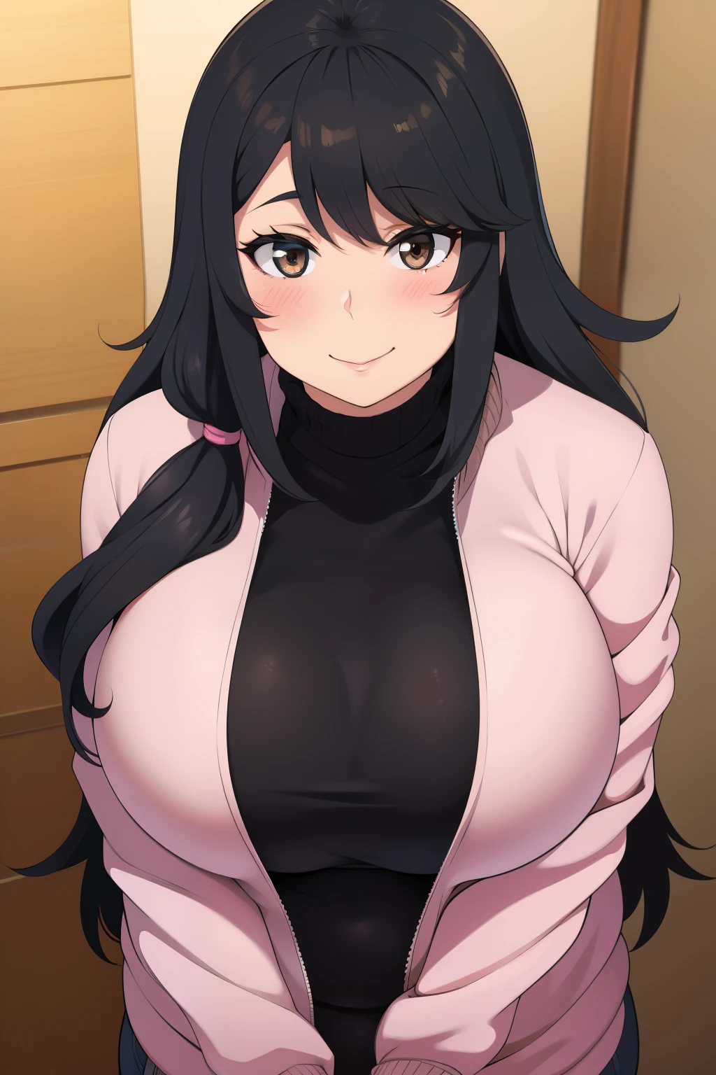 Plump  21 big breasts black hair brown eyes happy longer hair smile blushing deredere jacket 