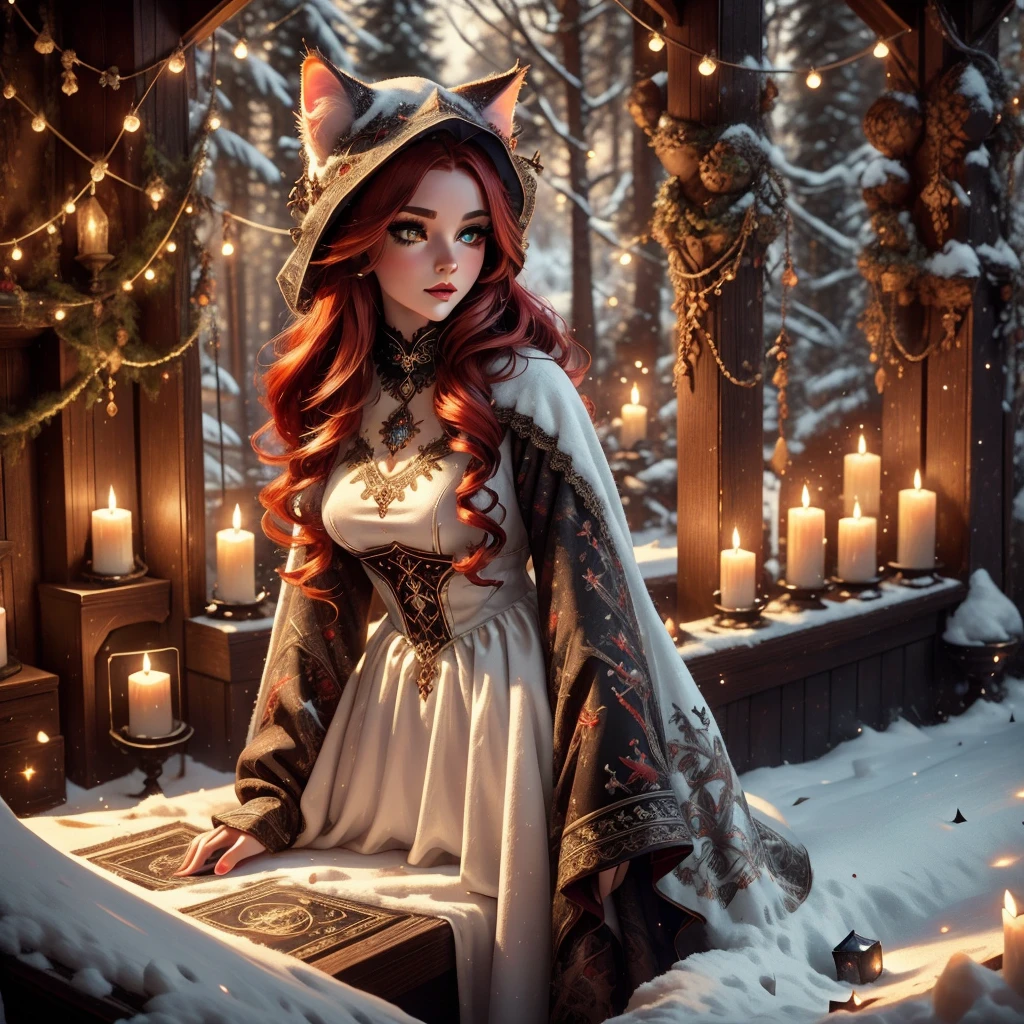 a snow cat feline woman, witch outfit, beautiful detailed eyes, beautiful detailed lips, extremely detailed face, long eyelashes, floating magic particles, red hair, sumptuous red tail, flowing dark coat, dark smokey eyes, porcelain skin, sunlight streaming through trees, lush forest background, warm color palette, cinematic lighting, 8k, high quality, detailed, photorealistic
