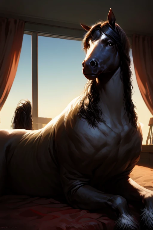 There is one adult character on this picture. The character is a slender anthropomorphic male brown horse, brown fur, slender character, athletic, barefoot, digitigrade, hooves, horse tail, male bare chest, bare chested male, topless male, black nipples, black areolas, nude, naked, black balls, visible balls, balls, black testicles, visible testicles, testicles, black penis, visible black penis, black penis, visible male genitals parts, nsfw. The scene takes place on a solarpunk bedroom. Bedroom with a lot of green plants. Luxurious vegetation. The character is lying on the bed. The character has a seductive expression. Flirty expression. Romantic expression. POV. Night.