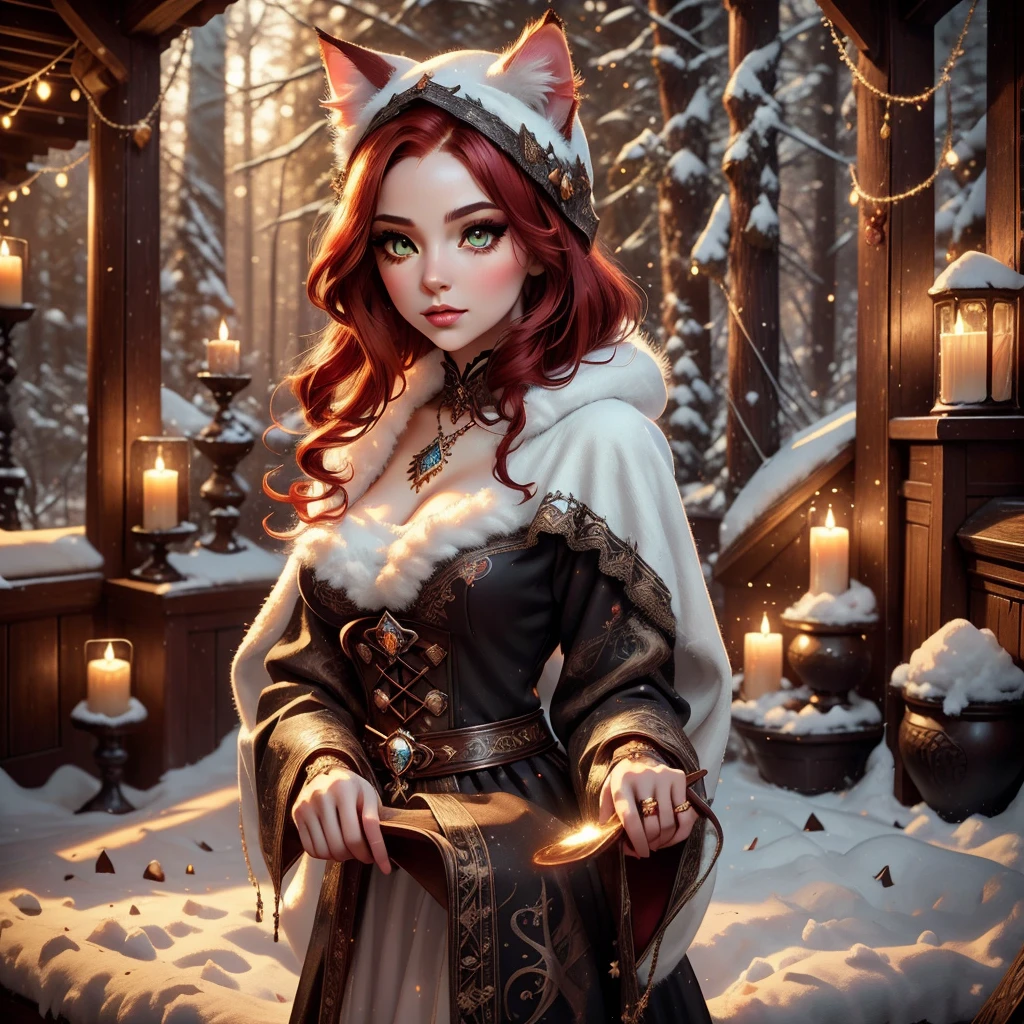 a snow cat feline woman, witch outfit, beautiful detailed eyes, beautiful detailed lips, extremely detailed face, long eyelashes, floating magic particles, red hair, sumptuous red tail, flowing dark coat, dark smokey eyes, porcelain skin, sunlight streaming through trees, lush forest background, warm color palette, cinematic lighting, 8k, high quality, detailed, photorealistic
