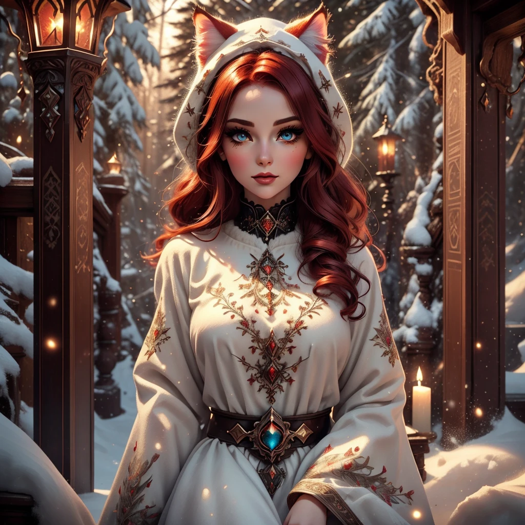 a snow cat feline woman, witch outfit, beautiful detailed eyes, beautiful detailed lips, extremely detailed face, long eyelashes, floating magic particles, red hair, sumptuous red tail, flowing dark coat, dark smokey eyes, porcelain skin, sunlight streaming through trees, lush forest background, warm color palette, cinematic lighting, 8k, high quality, detailed, photorealistic
