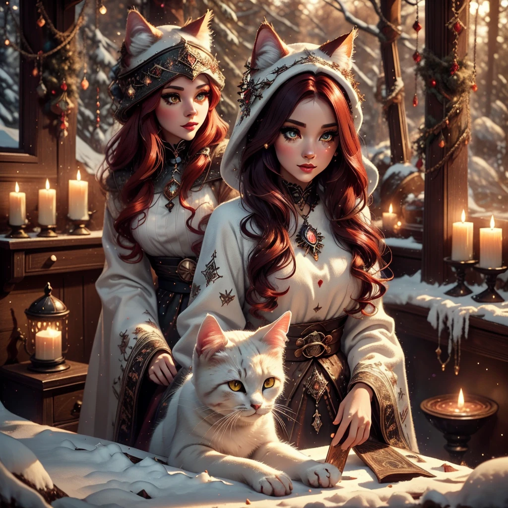 a snow cat feline woman, witch outfit, beautiful detailed eyes, beautiful detailed lips, extremely detailed face, long eyelashes, floating magic particles, red hair, sumptuous red tail, flowing dark coat, dark smokey eyes, porcelain skin, sunlight streaming through trees, lush forest background, warm color palette, cinematic lighting, 8k, high quality, detailed, photorealistic
