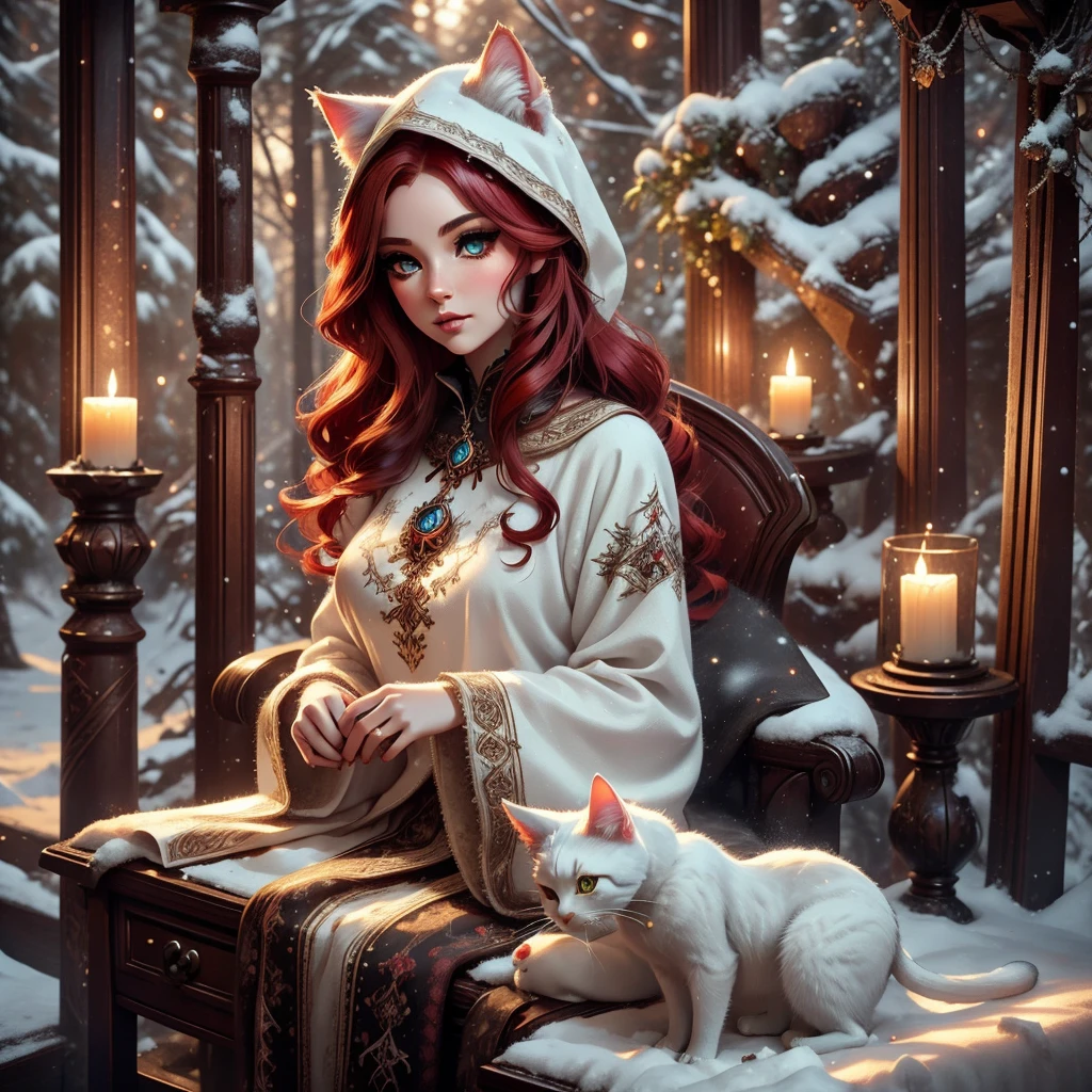 a snow cat feline woman, witch outfit, beautiful detailed eyes, beautiful detailed lips, extremely detailed face, long eyelashes, floating magic particles, red hair, sumptuous red tail, flowing dark coat, dark smokey eyes, porcelain skin, sunlight streaming through trees, lush forest background, warm color palette, cinematic lighting, 8k, high quality, detailed, photorealistic
