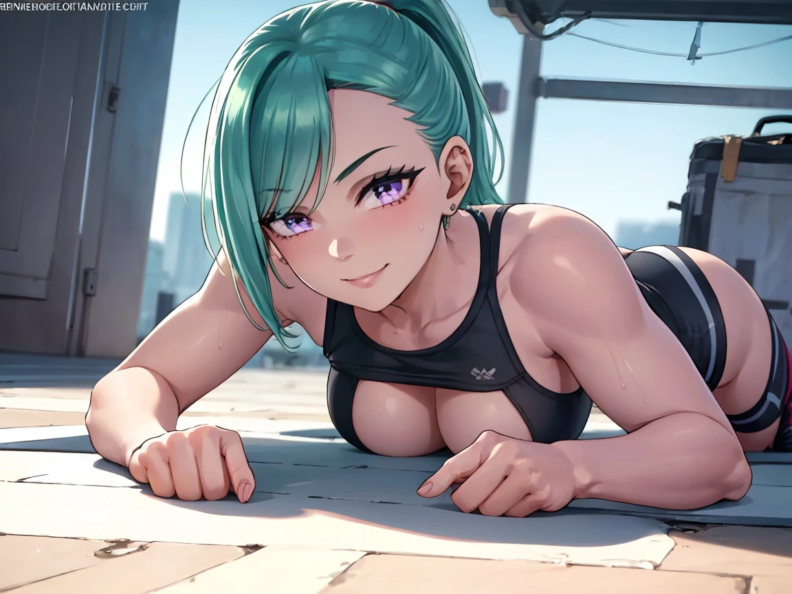 Muscular Beautiful Girl, 1girl, ((solo)), fighting pose, wet, (((large full breasts))), (lie face down, push ups training:1.5), (She lies on her stomach and stretches her legs), gym in the background, view audience, front of view, high ponytail, black armor, hot pants, short pants, smile, mastepiece, best quality, 8K, Super detailed, perfect face, detailed eyes, hard lighting, dynamic shadow, increase depth of field,