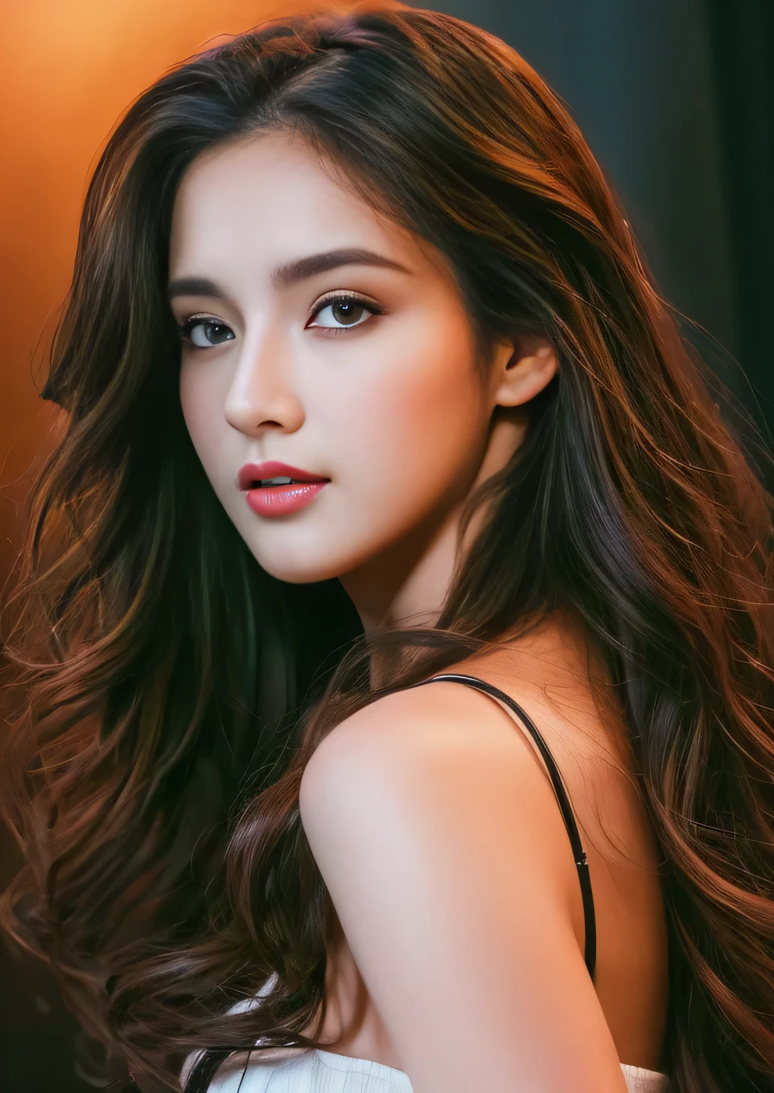 cute girl in fur coat standing on cliff, detailed face, big eyes, full lips, smokey eye makeup, moody lighting, shallow depth of field, bokeh, 4k, high resolution, by (James C. Christensen:1.2|Jeremy Lipking:1.1)