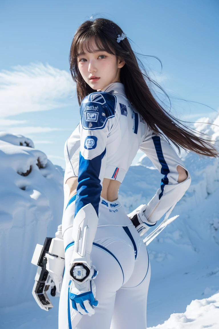 1 girl, Lovely, Ice and Snow World, alone, skinny, wind, Mecha suit, whole body, pretty face, Decorated with intricate patterns and delicate lines, Mecha suit