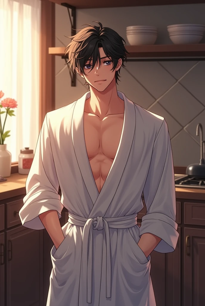 1man with short brown hair, blue eyes, tall, , nude, in bathroom, in bathrobe, full stand,