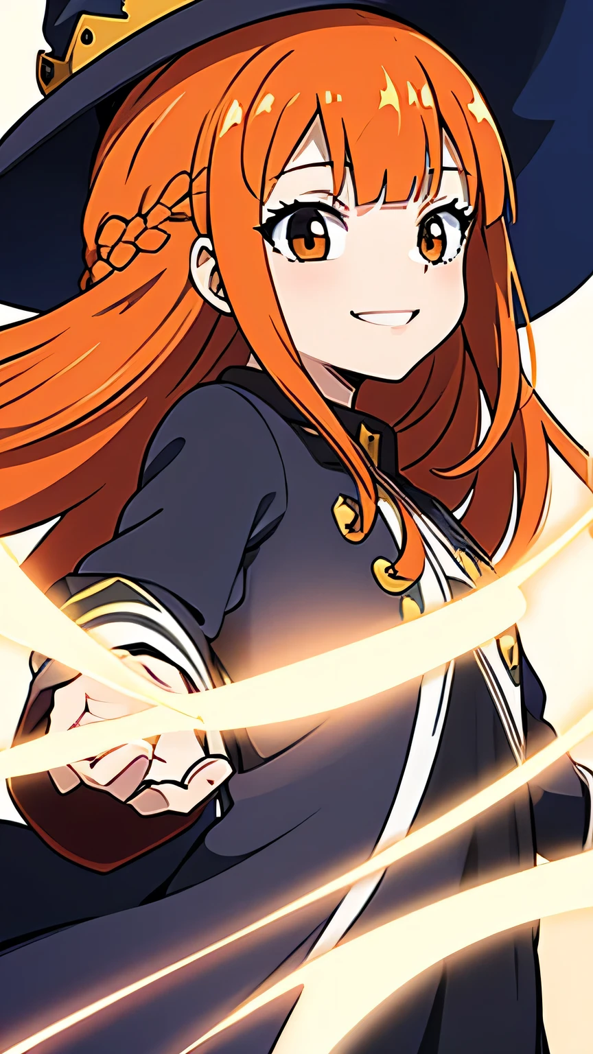 one girl, white back ground, black eye, brown eye, orrange hair, Orange Hair, orrange witch hat, smile, witch dress, star magic, blunt bangs, hair over one eye, crown braid,