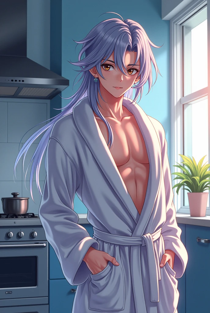 absurdres, highres, ultra detailed, HDR, master piece, best quality, extremely detailed, Gojou Satoru, white hair, expressive blue eyes, white eyelashes, Jujutsu Kaisen, solo, sexy man, handsome, horny, sensual, lewd, wearing only a apron, kitchen, sitting on top of a table, opened lengs, dick, erection, without shirt, without pants, Nu Carnival