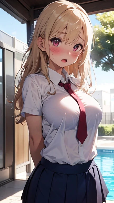 1 Beautiful girl, long Blonde hair, Gradient black eyes, Slender body, medium bust, High school girl uniform, pleated skirt, Tears, open mouth, drooling, spread legs, vaginal sex, perfect limbs, Bedroom , nsfw