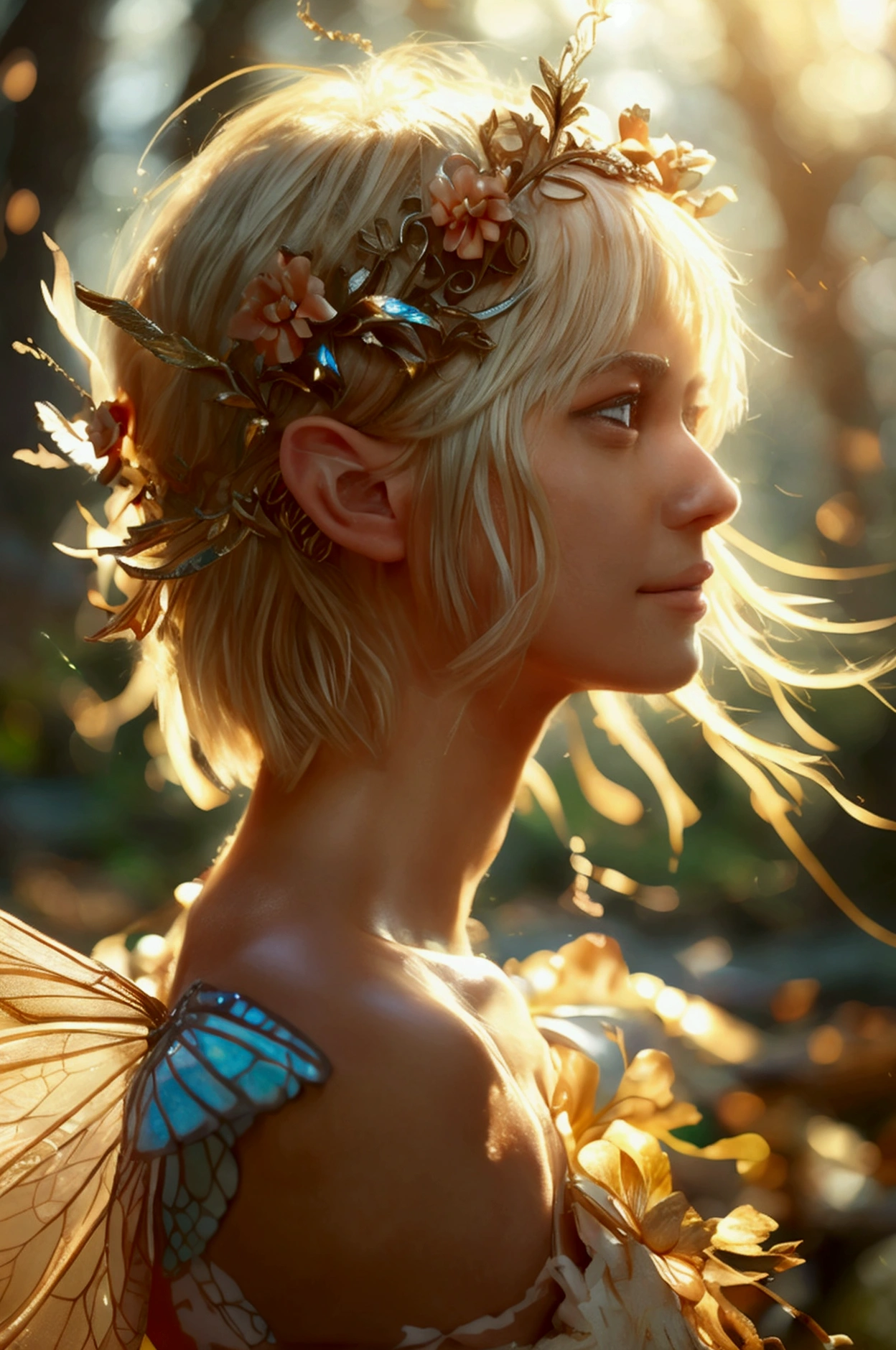 Very detailed, masterpiece, Cinematic Lighting Digital Photography, art,Surreal Paintings,girl, Blonde,Short hair,A happy smile,Muscular,sexy,suit,(masterpiece, Side light, complicated, elegant, Very detailed,river,elegant,crown,Gorgeous,Beautiful legs,Flower Hair Ornaments,Mysterious Forest、Glowing flying fairy,Beautiful, detailed eyes: 1.2), High resolution, Realist, High resolution,High nose,写真のための美しくsexyなポーズ,The wind blows,Full body portrait