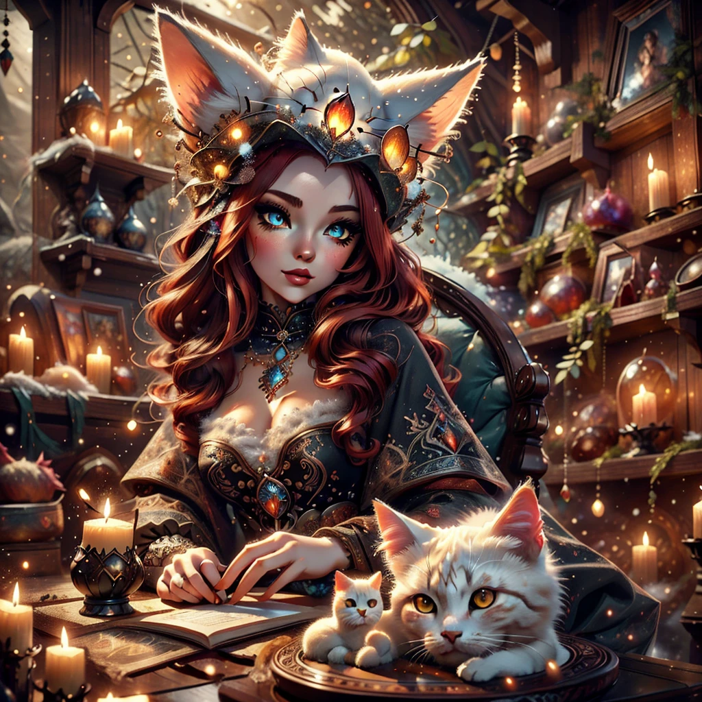 a snow cat feline woman, witch outfit, beautiful detailed eyes, beautiful detailed lips, extremely detailed face, long eyelashes, floating magic particles, red hair, sumptuous red tail, flowing dark coat, dark smokey eyes, porcelain skin, sunlight streaming through trees, lush forest background, warm color palette, cinematic lighting, 8k, high quality, detailed, photorealistic
