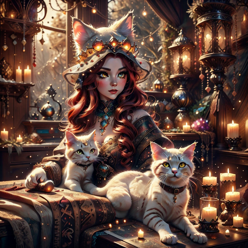 a snow cat feline woman, witch outfit, beautiful detailed eyes, beautiful detailed lips, extremely detailed face, long eyelashes, floating magic particles, red hair, sumptuous red tail, flowing dark coat, dark smokey eyes, porcelain skin, sunlight streaming through trees, lush forest background, warm color palette, cinematic lighting, 8k, high quality, detailed, photorealistic
