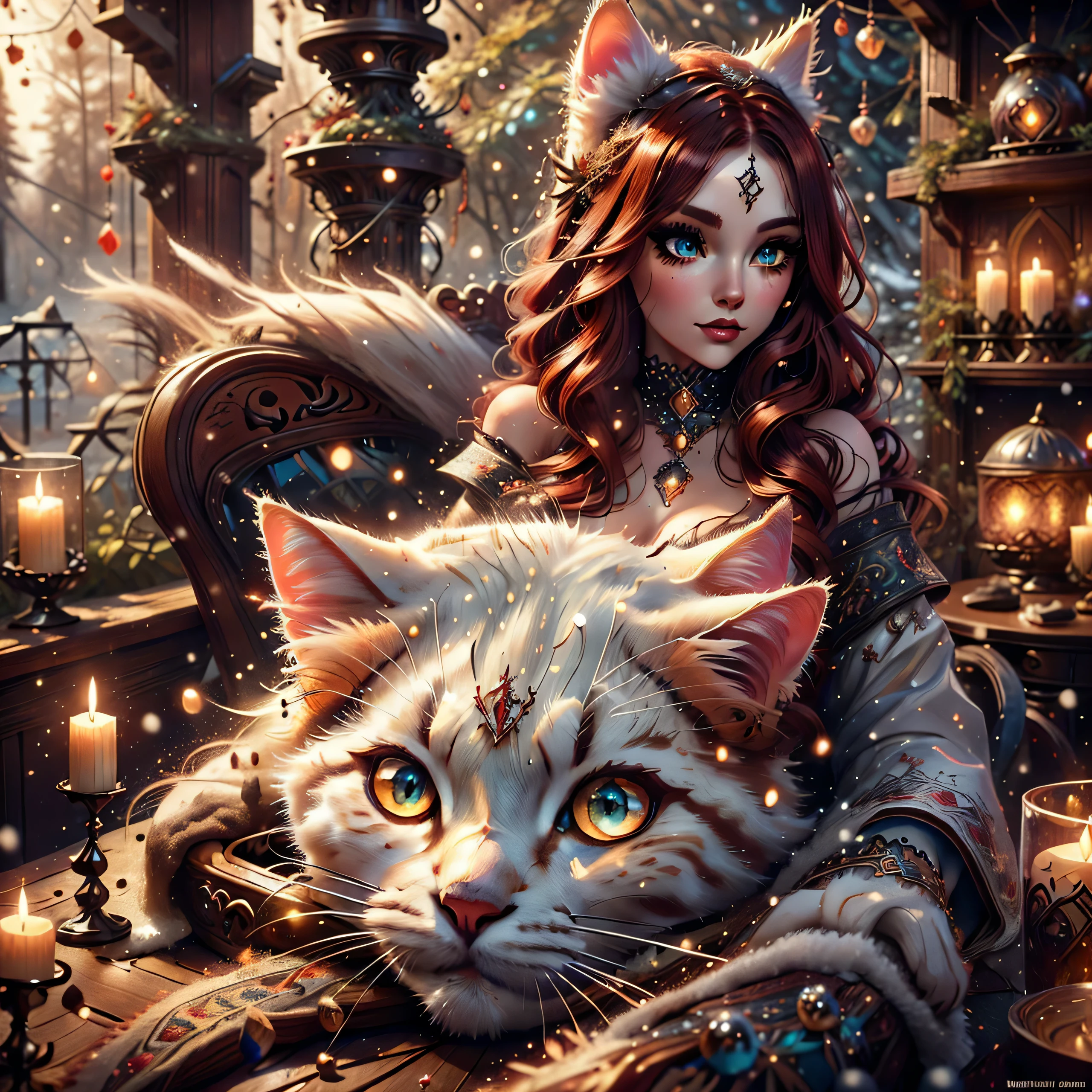 a snow cat feline woman, witch outfit, beautiful detailed eyes, beautiful detailed lips, extremely detailed face, long eyelashes, floating magic particles, red hair, sumptuous red tail, flowing dark coat, dark smokey eyes, porcelain skin, sunlight streaming through trees, lush forest background, warm color palette, cinematic lighting, 8k, high quality, detailed, photorealistic