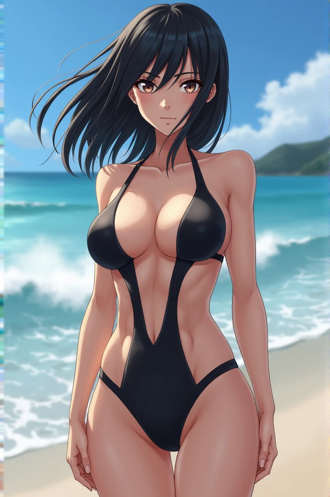 Hinata with a marked and prominent backside while using a plunging neckline from behind looking at the sea 