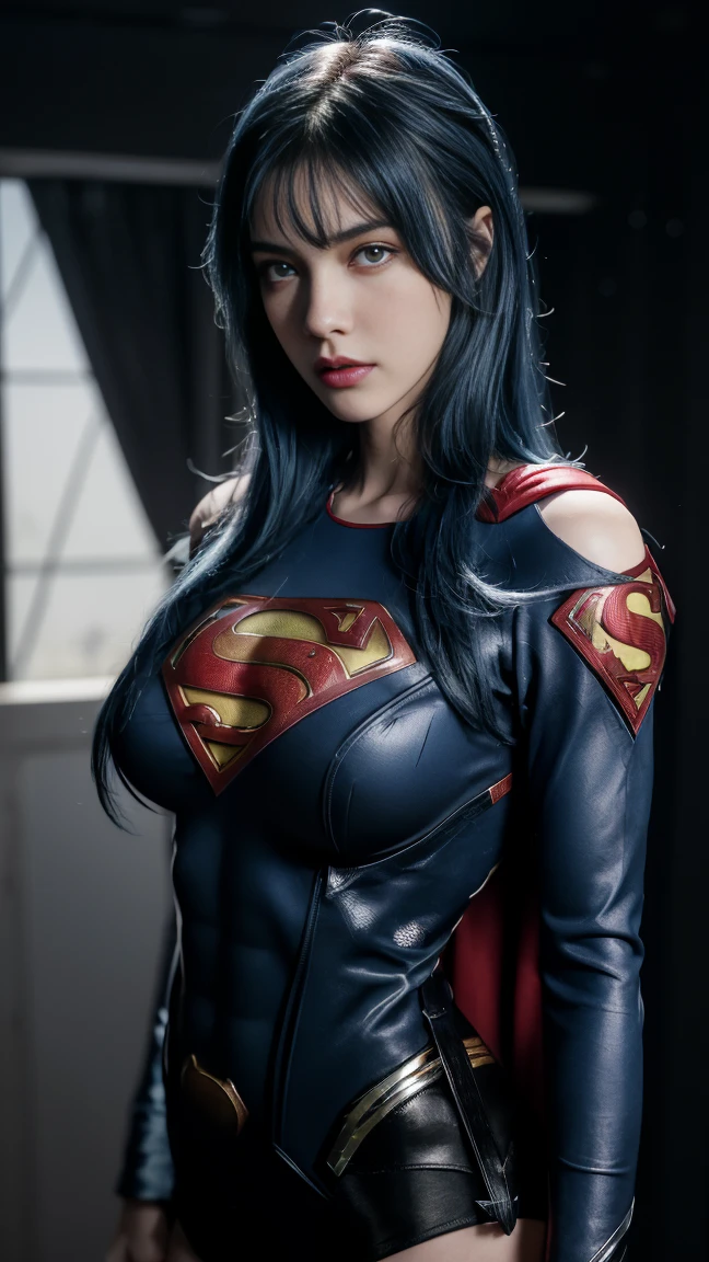 8K, Top Quality, Intricate Details, Ultra Detail, Ultra High Resolution, Masterpiece, close up shot, (full body: 1.1), Slender, Smile, (Makeup: 0.4), ((,)), (Fluffy blue Eyes: 1.21), (()), 1girl, solo, 1 girl, ((blue hair, bangs, long hair )), close up shot, , ((tall)), (((fit body))), (((slim face))), sharp face, (( )) , (detailed face), sharp face, small lips, ((,superman suit)), , ((super pose,)), detailed face, detailed breast, , ((detailed nipples)), detail ass, Narrow Waist, Skinny, tall , 175 cm tall, Muscular, Navel, Exposed Abdomen, Pointed Chest,, Beautiful girl with accentuated slender abs: 1.4, Six Pack Abs: 1.4, Bust Botox, Big, Perfect Body, detail leg, (( dark background)), black background,