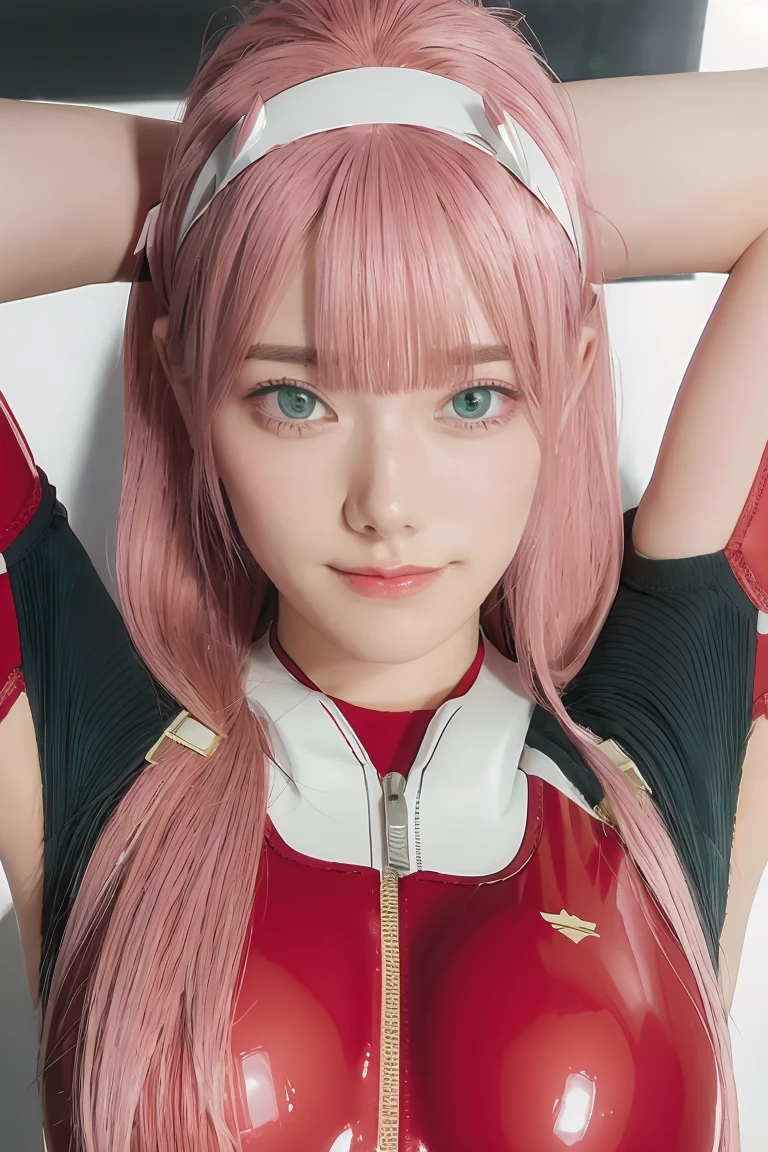 ((best quality)),((highly detailed)),masterpiece,absurdres,detailed face,beautiful face,((detailed eyes, deep eyes)),(1girl),((dynamic pose)),   Zero_Two, green eyes, 1girl, solo, red bodysuit, long hair, pilot suit, pink hair, bodysuit, straight hair, hairband, standing, horns, breasts, bangs, closed mouth, looking at viewer, medium breasts, white hairband, skin tight, blunt bangs, makeup, eyeshadow, very long hair, sidelocks, expressionless, hair between eyes, red horns, shiny hair, towards viewer, smile, 