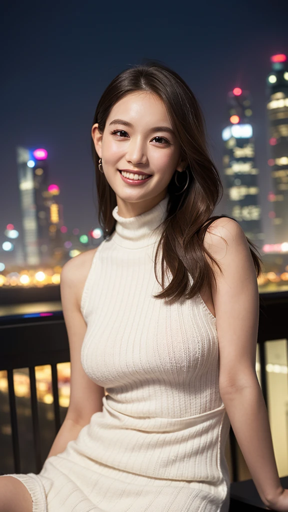 One Girl, ((White oversized high neck cable knit,White short knit dress,I can see your shoulders,I can see the thighs)), (Beautiful Japanese Idol Portrait Photos), (Beautiful skyscrapers night view of Dubai:1.10), (RAW Photos, Best Quality), (Realistic, photo-Realistic:1.4), masterpiece, 8K Portrait, Very delicate and beautiful, 非常にdetailed, 2k wallpaper, wonderful, detailed, 非常にdetailed CG unity 8k wallpaper, 非常にdetailed, High resolution, Soft Light, 美しいdetailedな***, 非常にdetailed eyes and face, Beautiful and sophisticated nose, Beautiful attention to detail, Cinema Lighting, Perfect Anatomy, Slender body, Small breasts, Medium Hair, (smile), Dynamic Angle, (Elegant and sophisticated atmosphere)