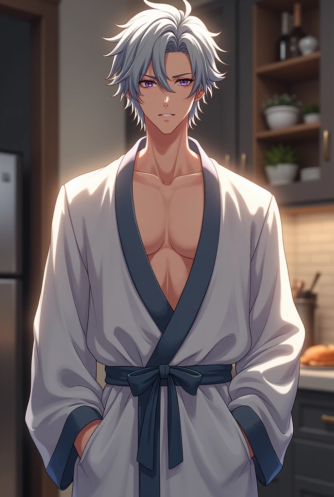 absurdres, highres, ultra detailed, HDR, master piece, best quality, extremely detailed, Gojou Satoru, white hair, expressive blue eyes, white eyelashes, Jujutsu Kaisen, solo, sexy man, handsome, horny, sensual, lewd, wearing only a apron, kitchen, sitting on top of a table, legs spread, dick, erection, without shirt, without pants, Pov you, having anal sex, Nu Carnival