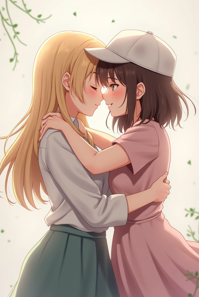 eskimokiss, long hair, blush, shorth hair, blue colored eyes, several girls, overskirt, hair blonde, chestnut hair, hair ornament, 2 little girls, , seraphim, hair clip, yuri, outline, couple, kiss, imminent kiss