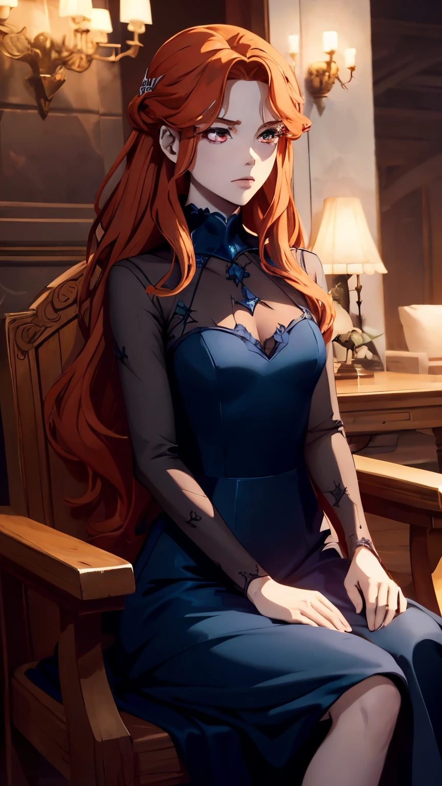{ masterpiece : best quality : high resolution : unity 8k wallpaper : illustration : beautiful detailed eyes : extremely detailed face : perfect lighting : extremely detailed CG : perfect hands : perfect anatomy } { in_a_vampire_throne : huge_room }  { 1girl : Carmilla_possessed_by_Creepy_guy : pale_skin : long_red_hair : Perfectly_small_shaped_breast : Perfectly_fit_body : crossed_legs : boyish_manner : serious : blue_elegant_dress } { menacing : sitting }