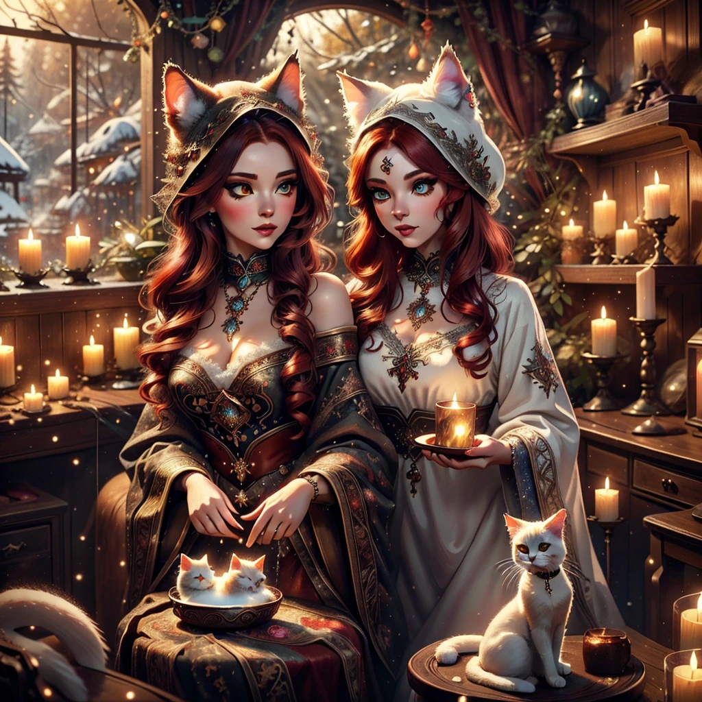 a snow cat feline woman, witch outfit, beautiful detailed eyes, beautiful detailed lips, extremely detailed face, long eyelashes, floating magic particles, red hair, sumptuous red tail, flowing dark coat, dark smokey eyes, porcelain skin, sunlight streaming through trees, lush forest background, warm color palette, cinematic lighting, 8k, high quality, detailed, photorealistic