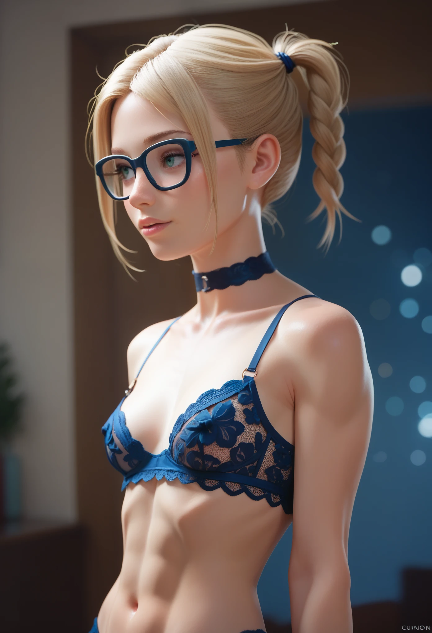 1girl, futanari, (fit body : 1.1), (small breasts : 1.3), short blond hair with a pigtail,glasses,wearing blue lace lingerie,choker, bokeh