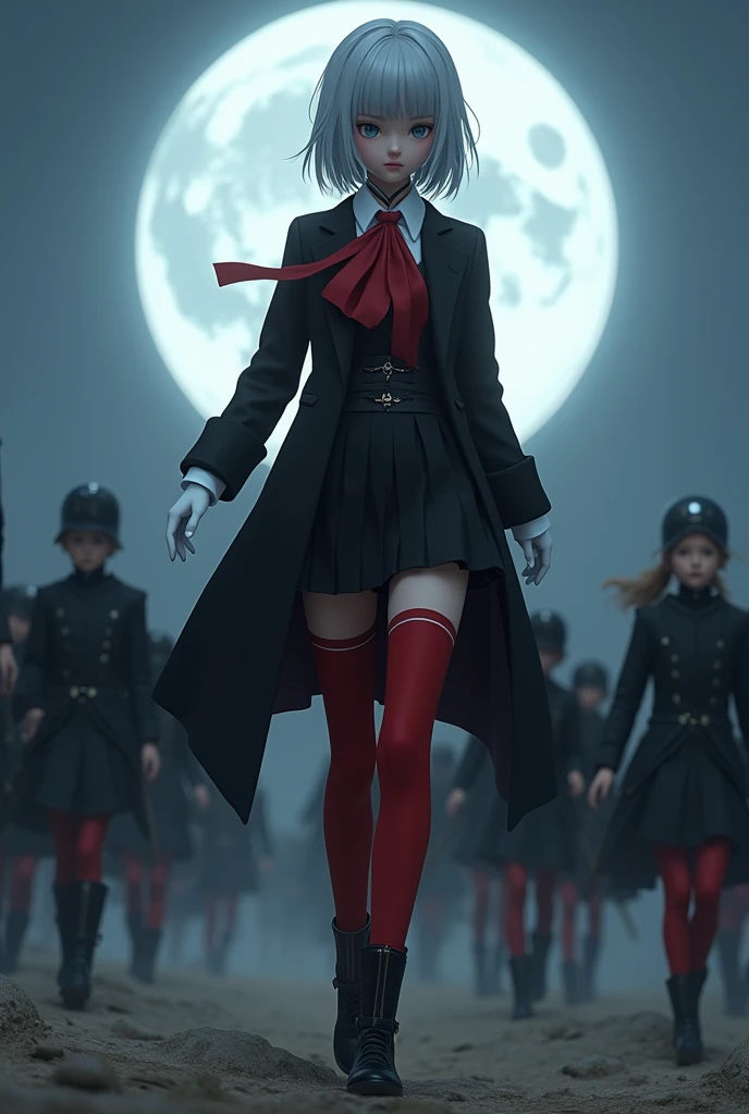 Photo of Edelgard_institution, hair ribbon, Black jacket, Black dress, Ascot, red stockings, white gloves, high-heels, Walking on the battlefield, moon, full moon, young people, ager, (thin), small , small, 1 girl, (((3d, Video games))),Masterpiece, Best quality, Complex details, 8k UHD, Perfect face, Perfect eyes, realistic photos