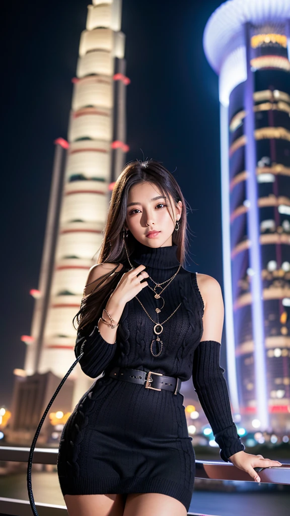 One Girl, ((Black oversized high neck cable knit,Black short knit dress,I can see your shoulders,I can see the thighs)), (Beautiful Japanese Idol Portrait Photos), (HD night view of Dubai&#39;s beautiful skyscrapers), (RAW Photos, Best Quality), (Realistic, photo-Realistic:1.4), masterpiece, 8K Portrait, Very delicate and beautiful, 非常にdetailed, 2k wallpaper, wonderful, detailed, 非常にdetailed CG unity 8k wallpaper, 非常にdetailed, High resolution, Soft Light, 美しいdetailedな***, 非常にdetailed eyes and face, Beautiful and sophisticated nose, Beautiful attention to detail, Cinema Lighting, Perfect Anatomy, Slender body, Small breasts, Medium Hair, (smile), Dynamic Angle, (Elegant and sophisticated atmosphere)