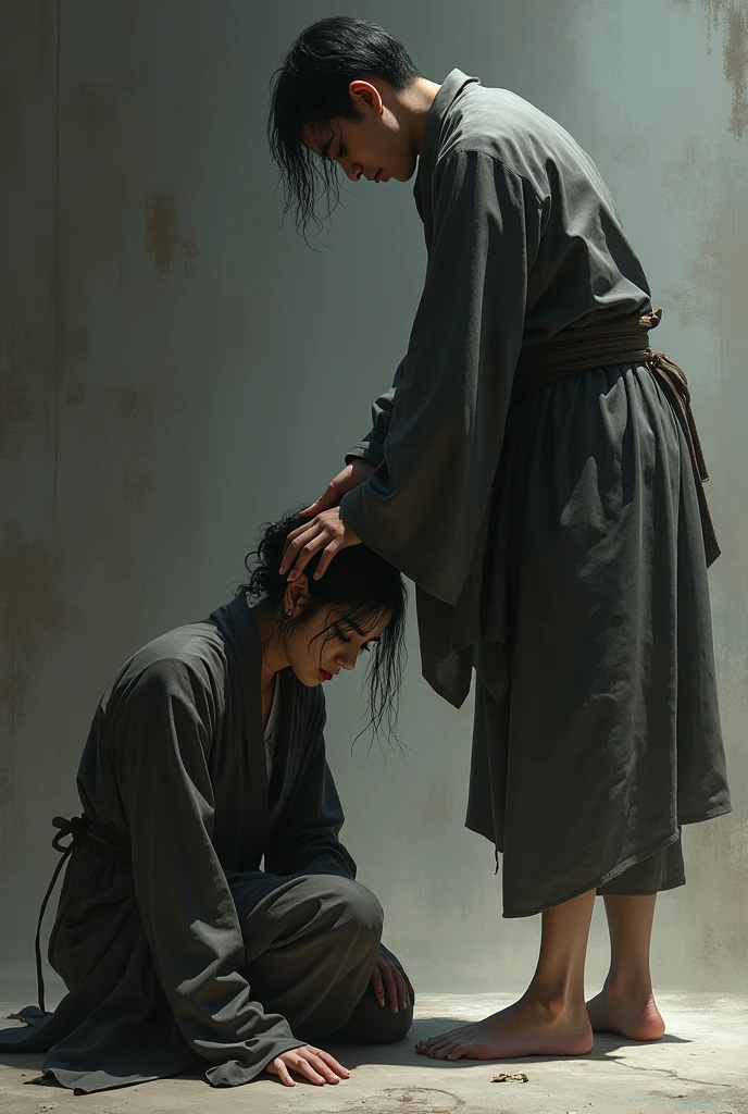 A Japanese bared woman kneel down on the floor to a Japanese man who is wearing shirts and pants.
She did a big fault to him, and she is asking him forgive it with kneeling down on the floor which is Japanese style.


