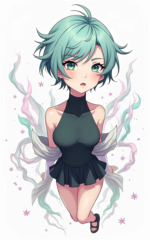A beautiful, detailed anime girl with long green hair, piercing emerald eyes, flawless porcelain skin, and a slender, graceful figure, wearing a short black dress with intricate lace designs, levitating in a swirling vortex of wind and energy, 1girl, detailed face, long eyelashes, detailed hair, detailed dress, dynamic pose, wind effects, energy effects, vibrant colors, dramatic lighting, cinematic composition, digital art, highly detailed, photorealistic, 8k, masterpiece