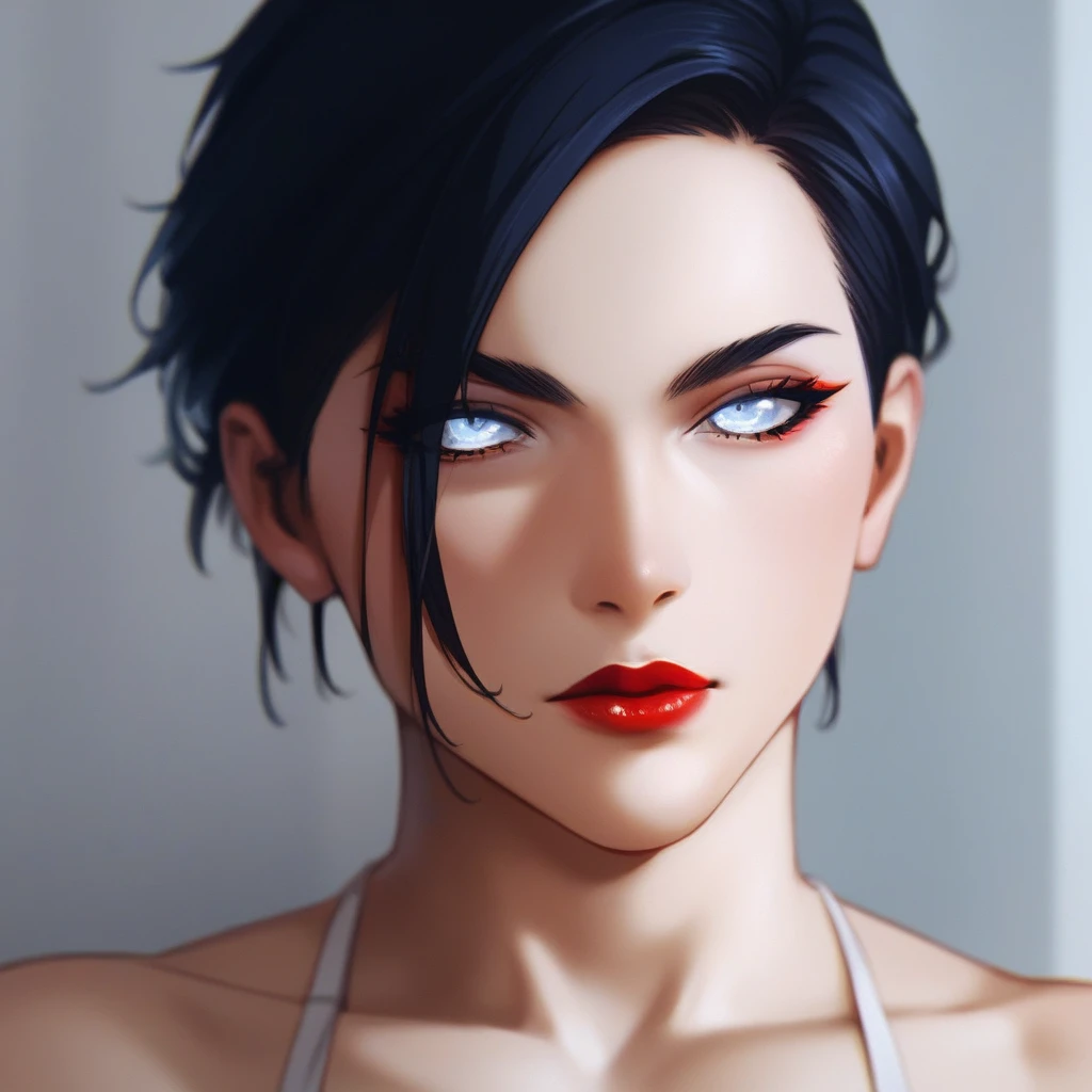 , One, solo, stands in the room, Hinata,, sexy face with full makeup, Serious face, black hair, white eyes, plump red lips, носит кожаные перчатки high quality, high quality
