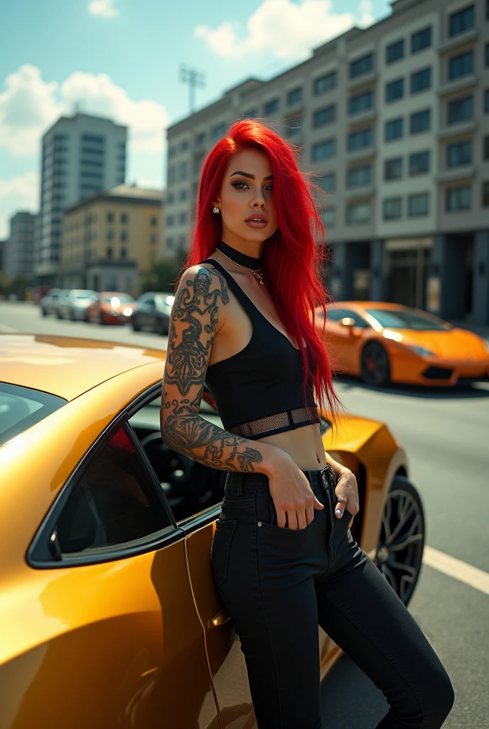 8k full view a tan skin Spanish woman with extra long beautiful black, and red ombre hair with blue highlights,blue eyes, smooth skin, nose pierced wearing a leopard print short dress leopard print shoes posing on the car