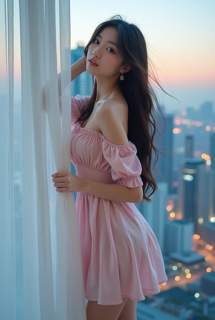 (masterpiece, best quality:1.5), highest quality, High resolution, super detailed, Realists, Full body photo of a brunette 22 year old woman, detailed and beautiful eyes, beautiful detailed lips, very detailed eyes and face, longeyelashes, 22 year old woman in a chiffon top, Beautiful and colorful makeup, elegant and noble々Pose,shiny satin headband,, Office as background, bright daylight, bright colors, fine brushstrokes, Portrait style, beautiful color palette, glowing skin, First-class rendering, that captures every detail, enchanting atmosphere, (perfect anatomy:1.2), (The stunning woman wears a shoulder-free silk blouse and a short skirt (magnificent panorama view:1.2)