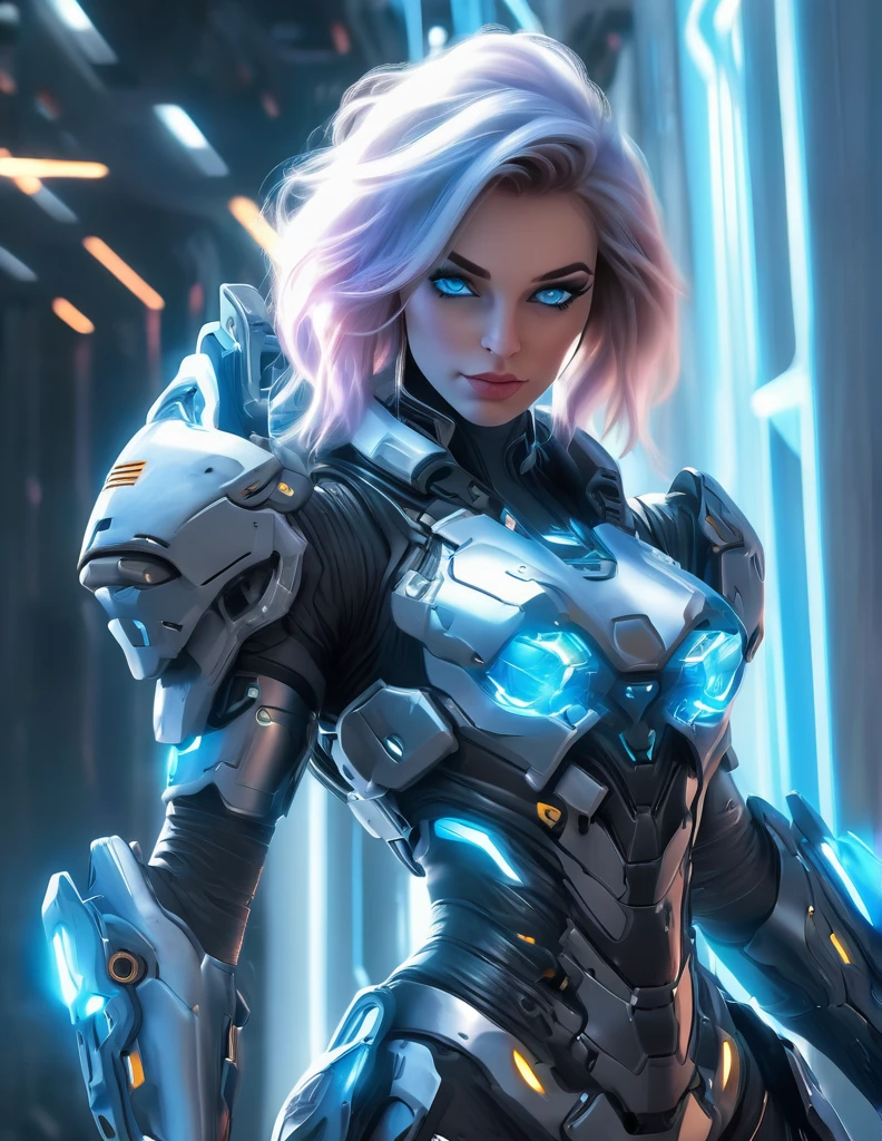 A woman wearing exoskeleton cyber armor, The armor fits snugly、((She has a plasma gun in her hand)), Full body photo, Maximum details, Superior quality through precise drawings, 8k,chest, blue eyes,  High resolution, 超High resolution, Best Quality, (She&#39;s wearing a circuit board dress with LED accents., Creates a futuristic atmosphere. Her hair is smoothly styled, Metallic bob with LED lights woven into it)Shortcuts, Big chest, Cinematic Lighting Effects, 未来的な美しいBlack Hairの女性, Shining blue eyes, Cyberpunk style woman, ((High tech spaceship interior with blue light illumination)), High quality images,Shortcuts, Bob Hair, Bob Hair, Very short hair, Black Hair, 