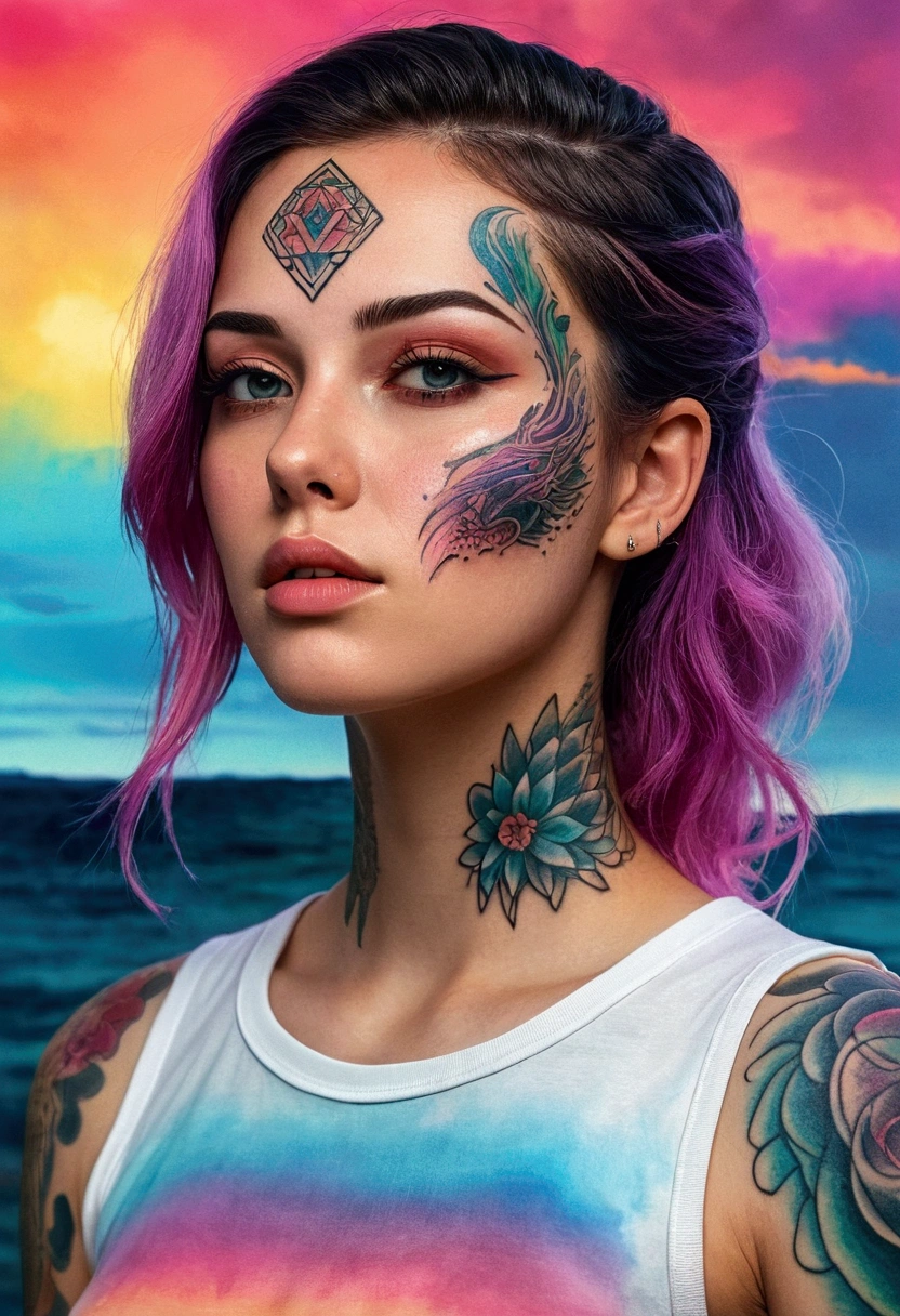 (style of richard deacon), formal wear  android,1girl,a  beautiful girl in a colourful dress with colourful intricate tattoos surrounded by colourful patterns,(Luminous burning hair:1.2),  realistic fantasy, extremely detailed and beautiful , 8 k resolution,