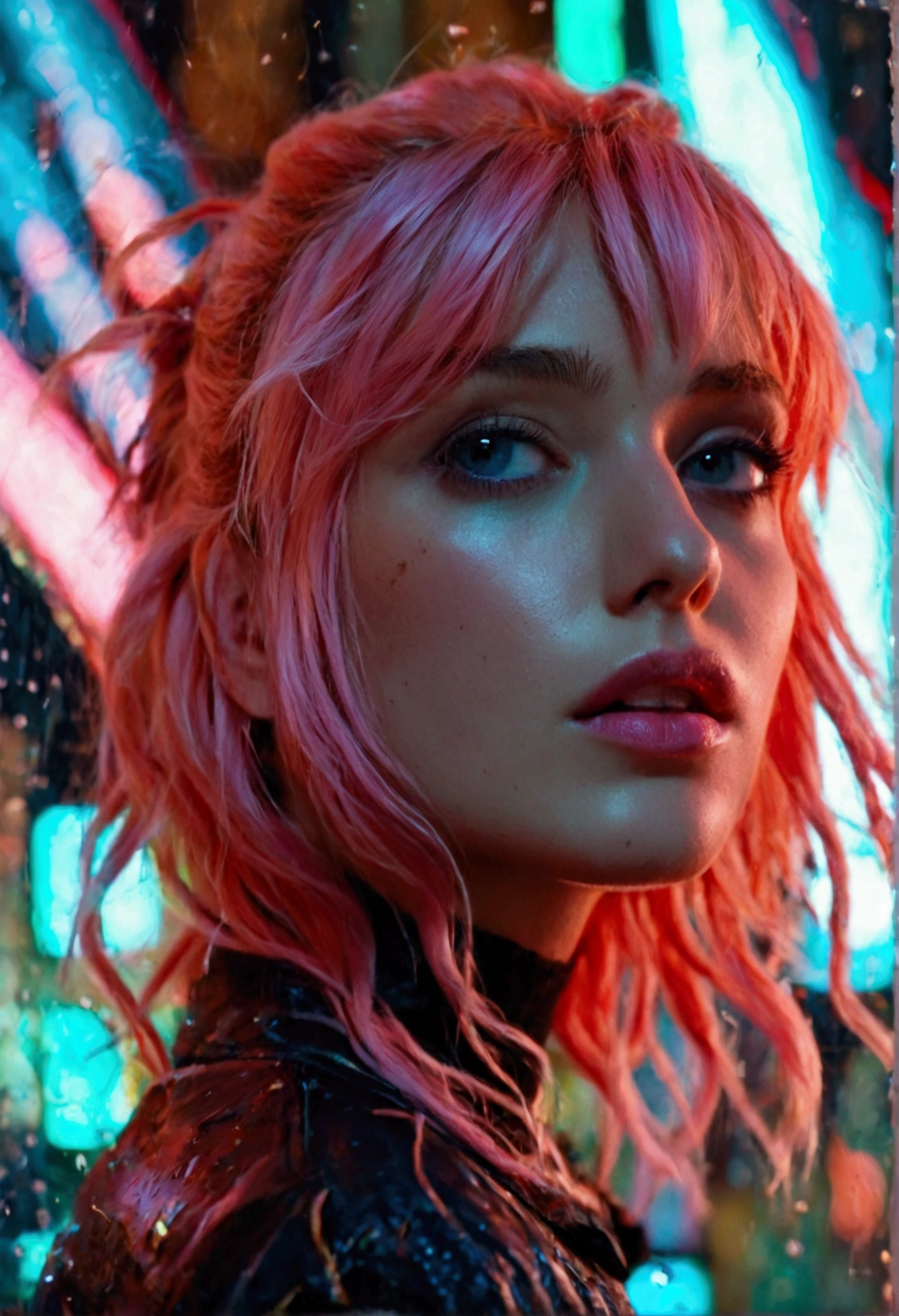(masterpiece), (best quality), (high res), ((((Solo)))), (perfect anatomy), (young girl (10 years old), fair skin, pink hair (shoulder length), green eyes, (((totally naked))), tired, (((flat chest))), in a futuristic setting with a green light, annoyed, cyberpunk, (drinking water), best anime 4k, cybersuits, in dark street, (((during a storm))), (at night), (((wet transparent clothes))), (((wet))), ((rain)), (night), ((((alone)))), (((posing for a photo)))