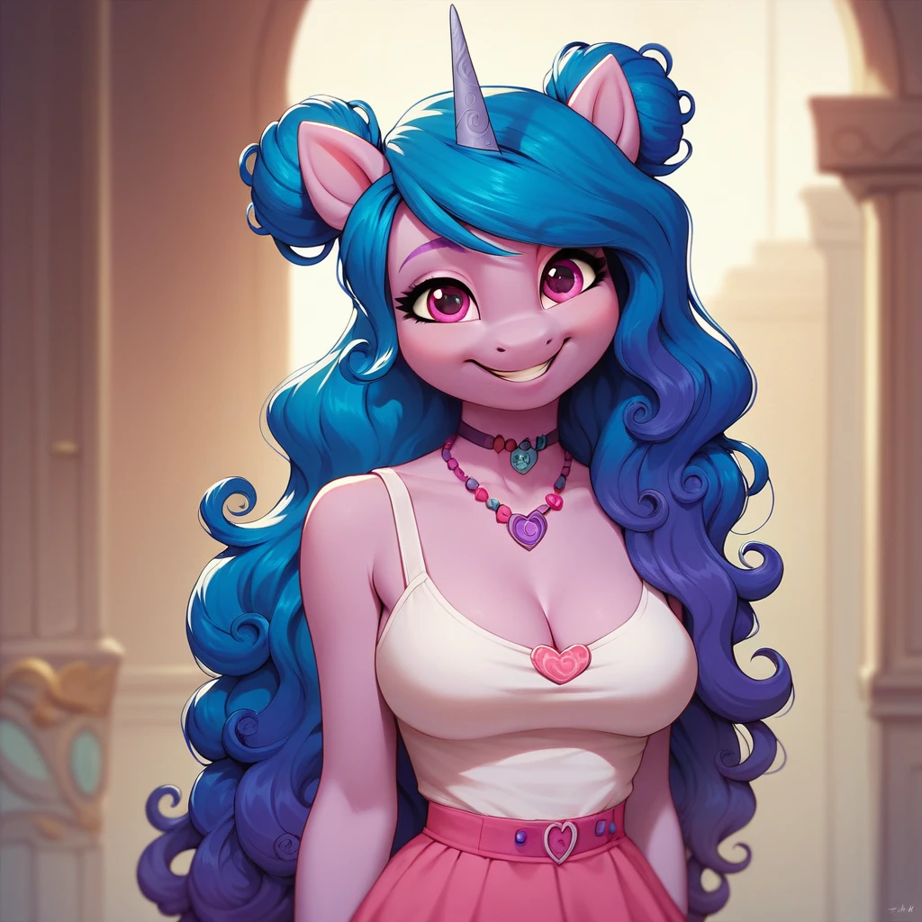 score_9, score_8_up, score_7_up, Izzy Moonbow, mlp, G5, anthro, 1girl, purple eyes, solo, two curly top hair knot buns with two curly hair strands on the side, strapless bathing suit, large breasts, cleavage, jewellery, 1girl, solo