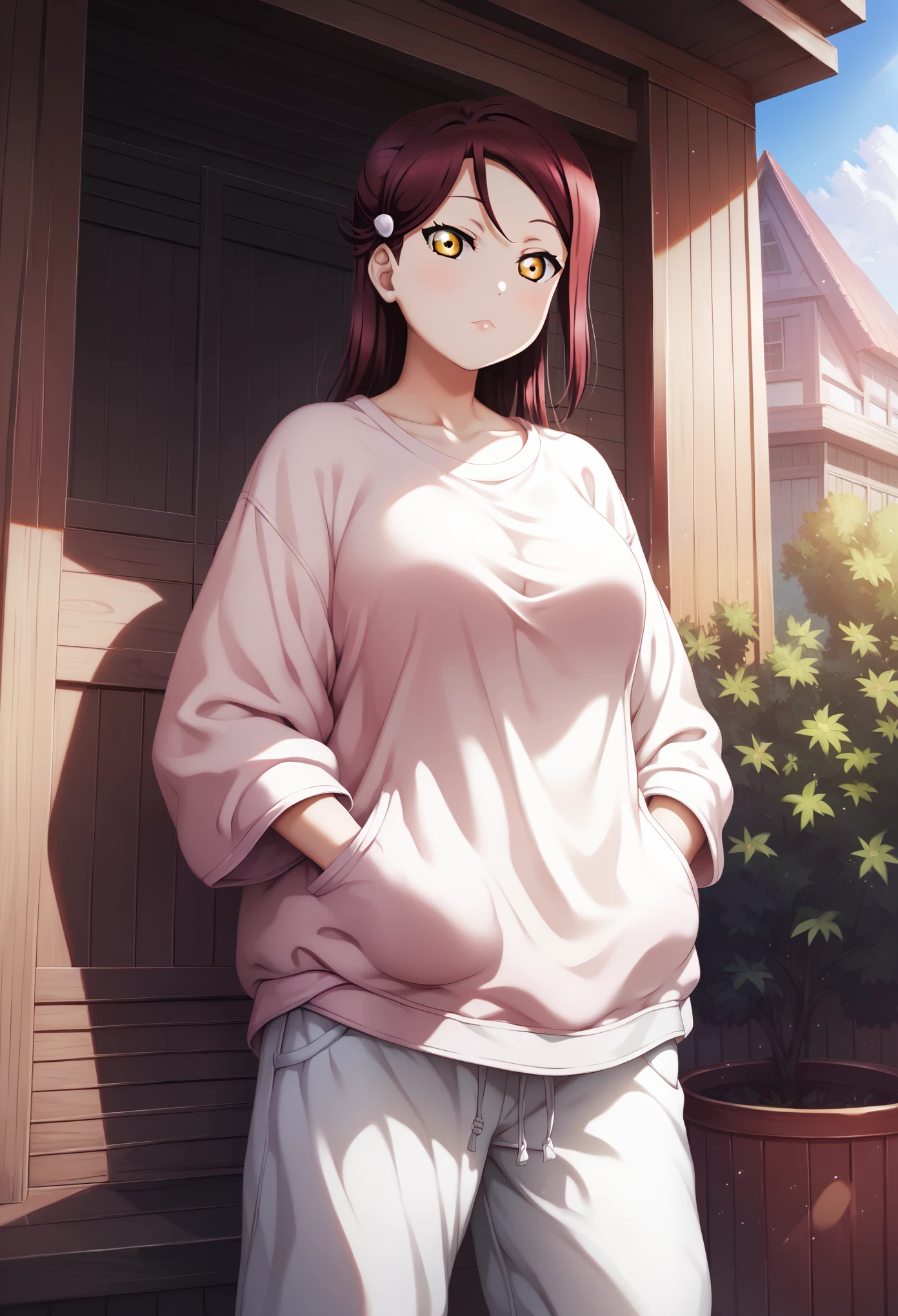 masterpiece, best quality, realistic anime art, front view, large breasts ,dark red hair ,yellow eyes , sakurauchi riko love live ,assertive female, oversized clothes, oversized sweatshirt, oversized pants, standing, hands in pocket , outdoors