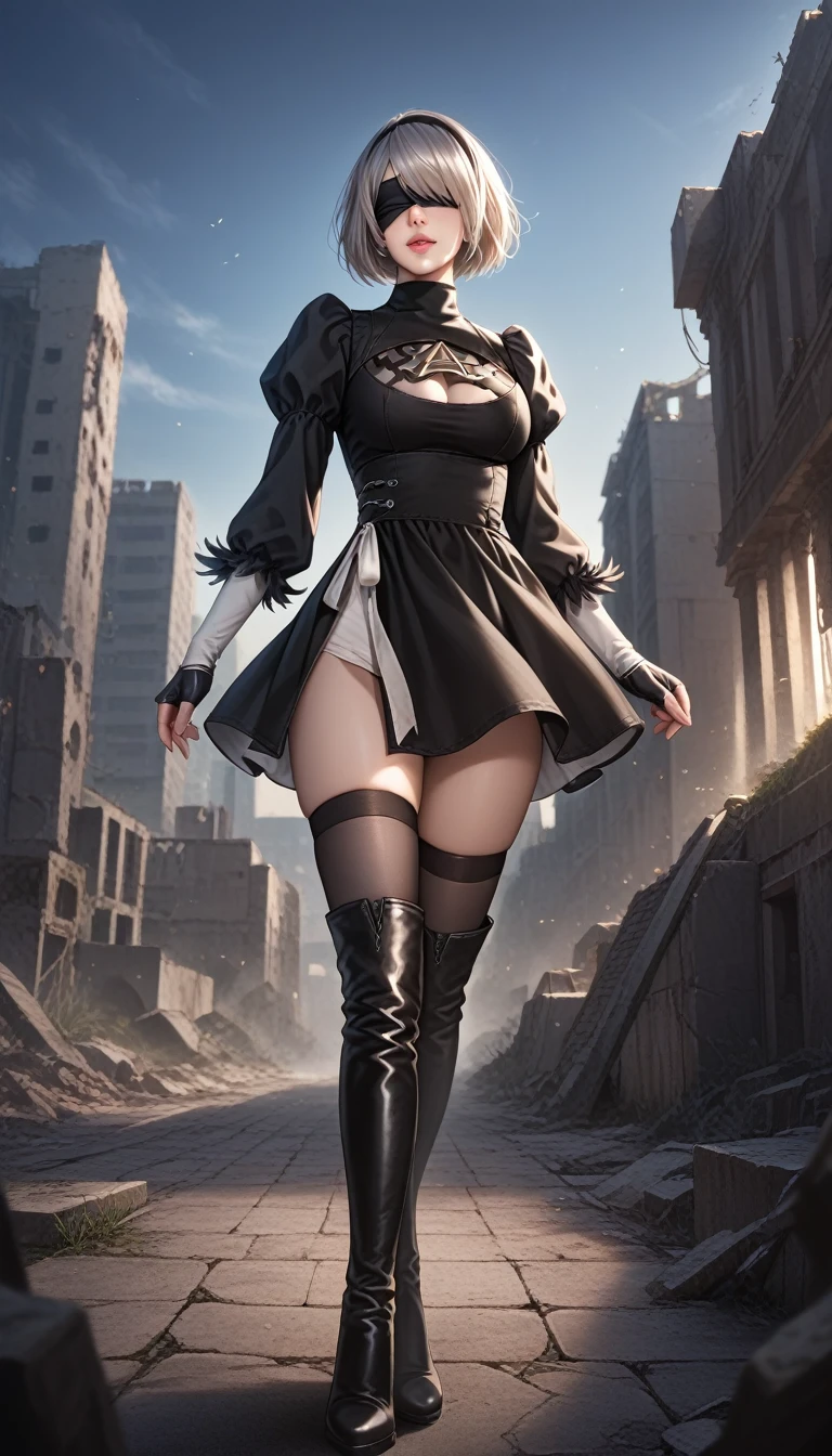 score_9, score_8_up, score_7_up, 32k,masterpiece, highest quality, 
photo realistic, vibrant colors, chiaroscuro lighting, cinematic lighting,
1 woman, inspired 2B nier automata,
bob cut, gray hair, bangs ,mole under mouth, blindfold, pink lips, 
black 2B dress, cleavage cutout, skirt, thighhighs under boots,
ruins, a ruined world, devastated cities, 
picturesque, beautiful scenery, fantastic night sky,
seductive pose, cinematic angle,