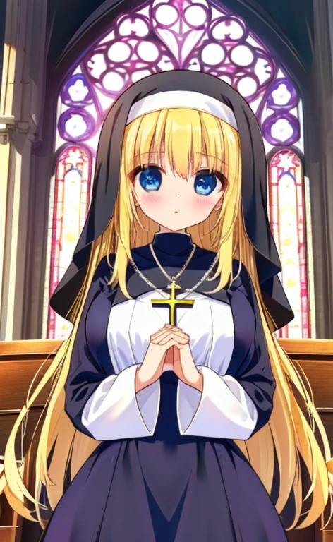 Beautiful long blonde girl　Blue Eyes　Long sleeve, Nuns, habit, Nuns, habit, dress,  long dress, Catholic;　church　Offer a prayer　Cross Necklace